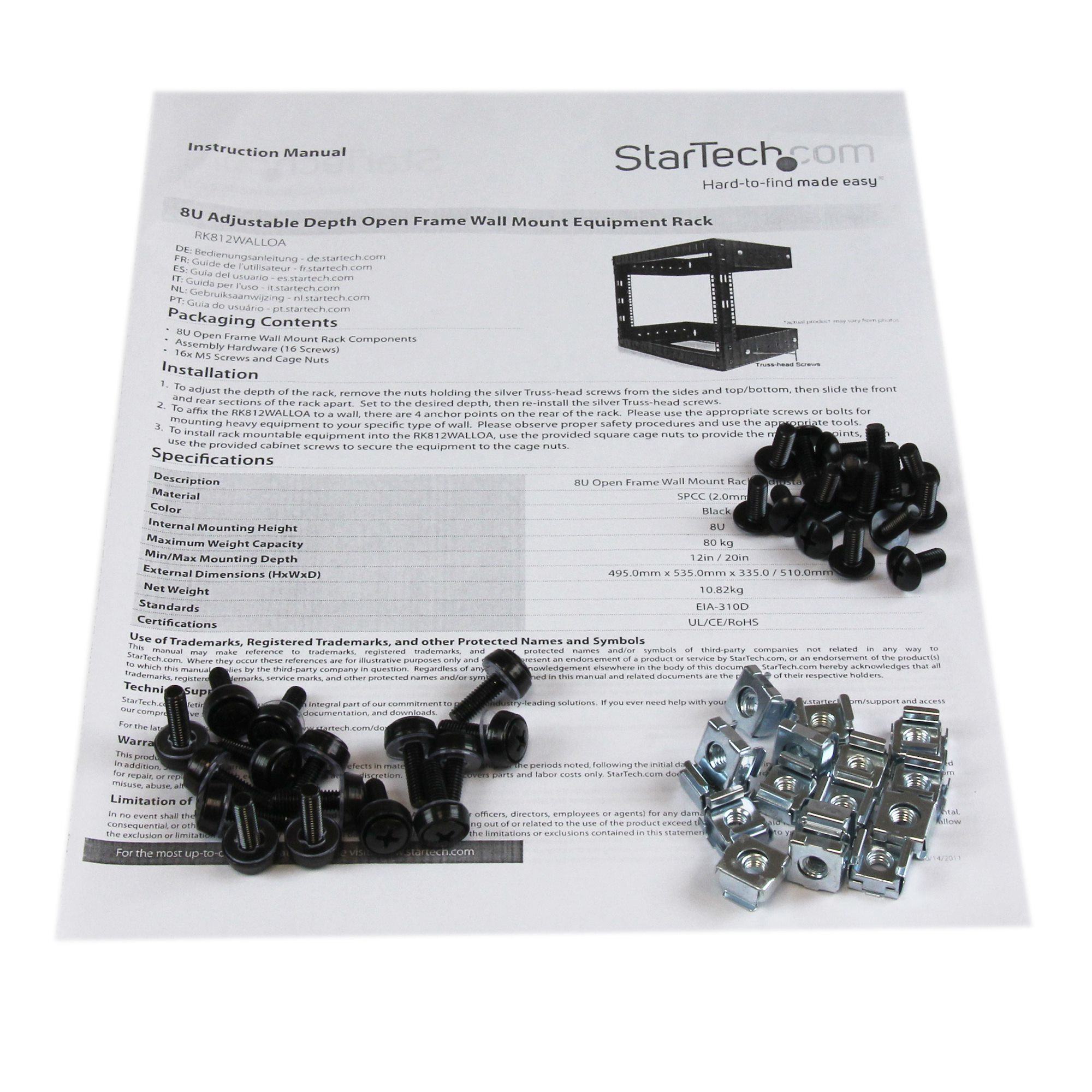 Manual con diagrama de rack, tornillos y tuercas de jaula sobre papel blanco.