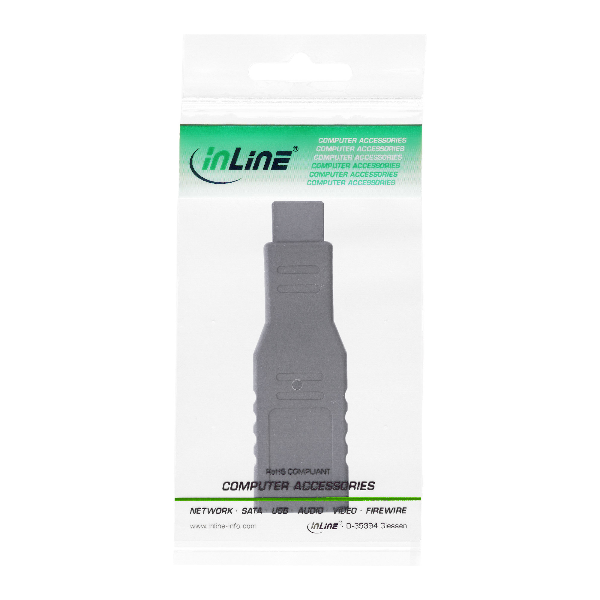 Ein grauer USB-Adapter in einer Plastikverpackung. Die Verpackung hat grünen und weißen Text, die Marke ist inLine.