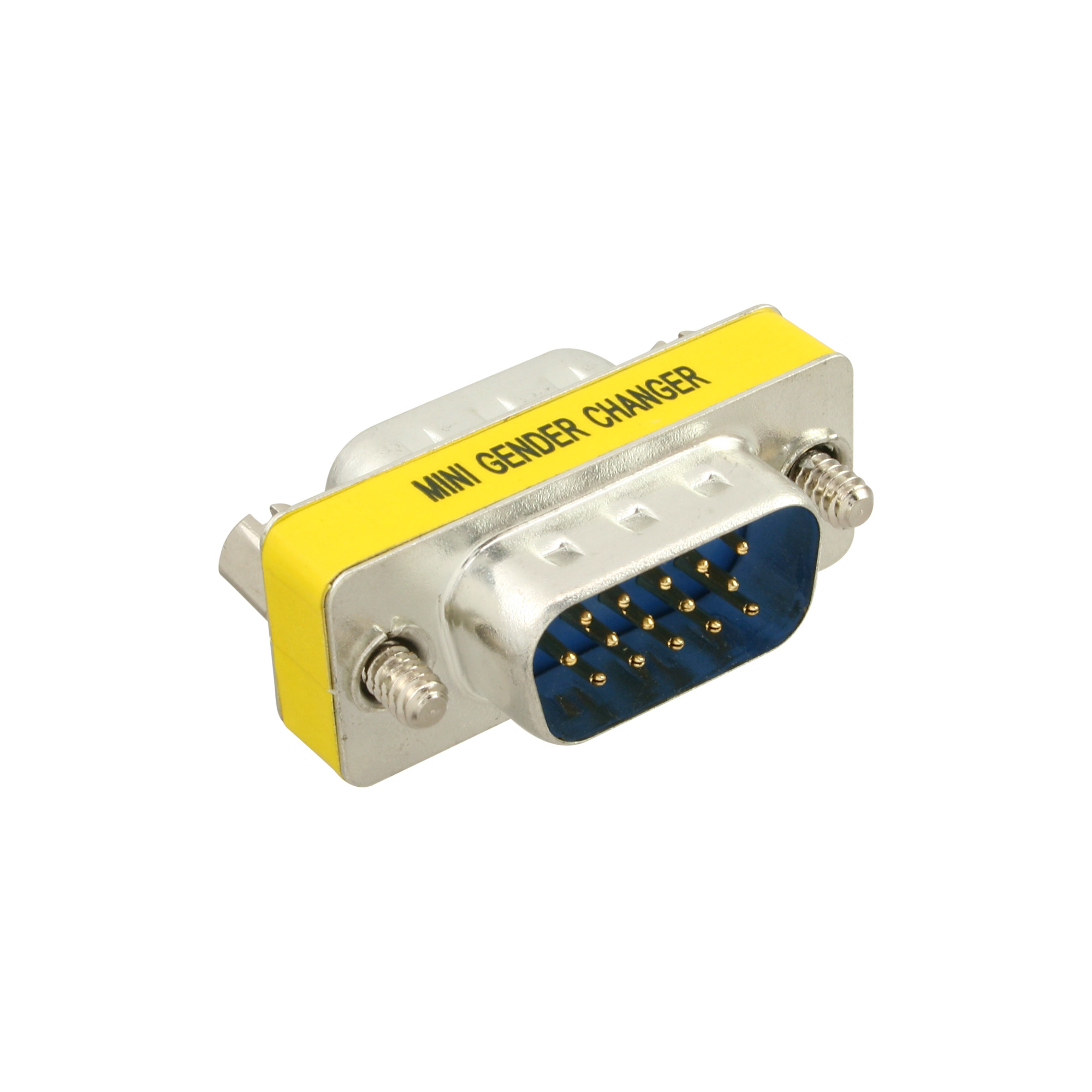 Ein Mini-Gender-Changer. Es hat einen blauen Stecker mit Stiften, einen silbernen Körper und ein gelbes Etikett mit schwarzem Text.