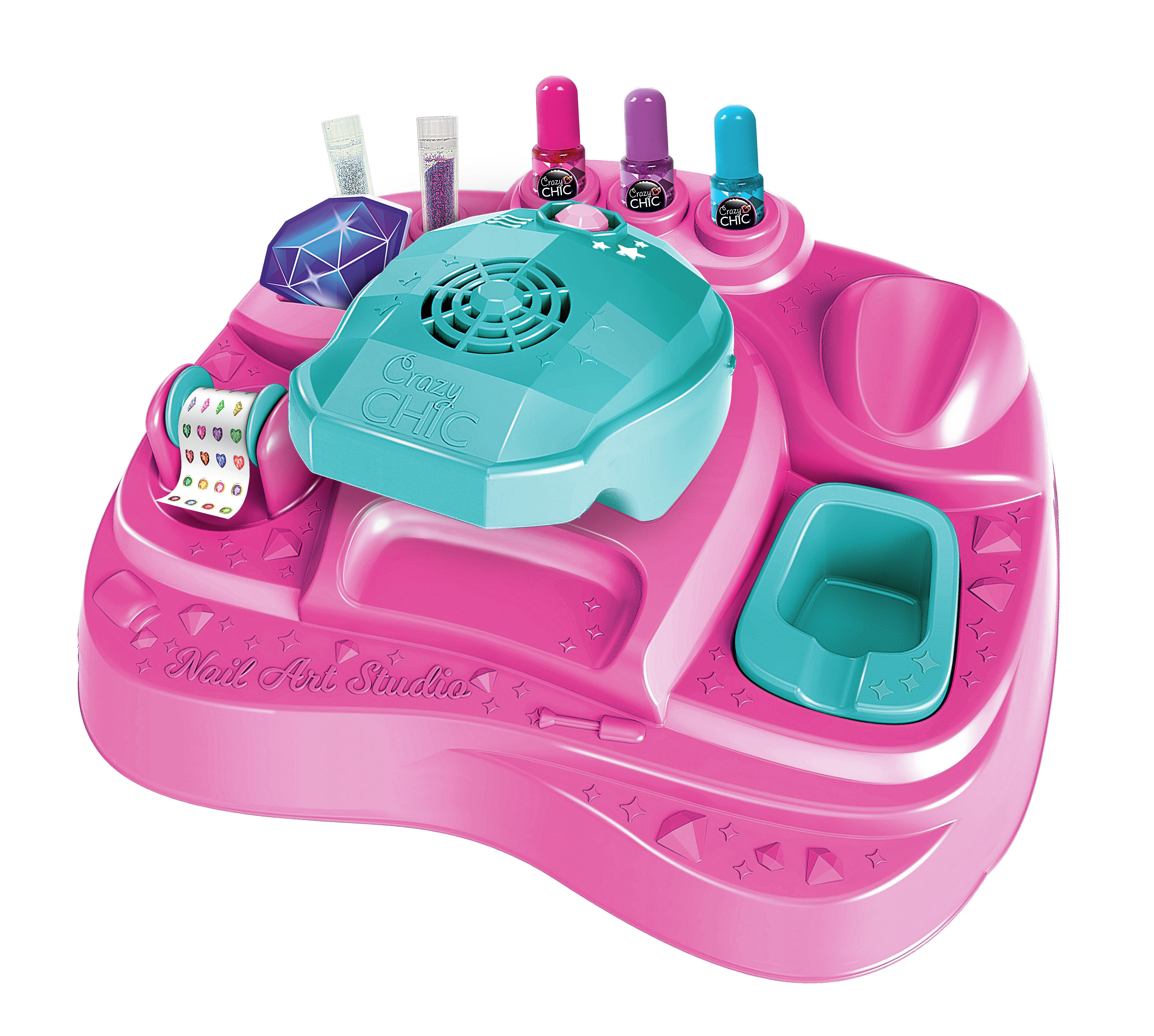 Un giocattolo rosa Crazy Chic nail art studio con dettagli turchese, tra cui smalto per unghie, un ventilatore e adesivi per nail art.