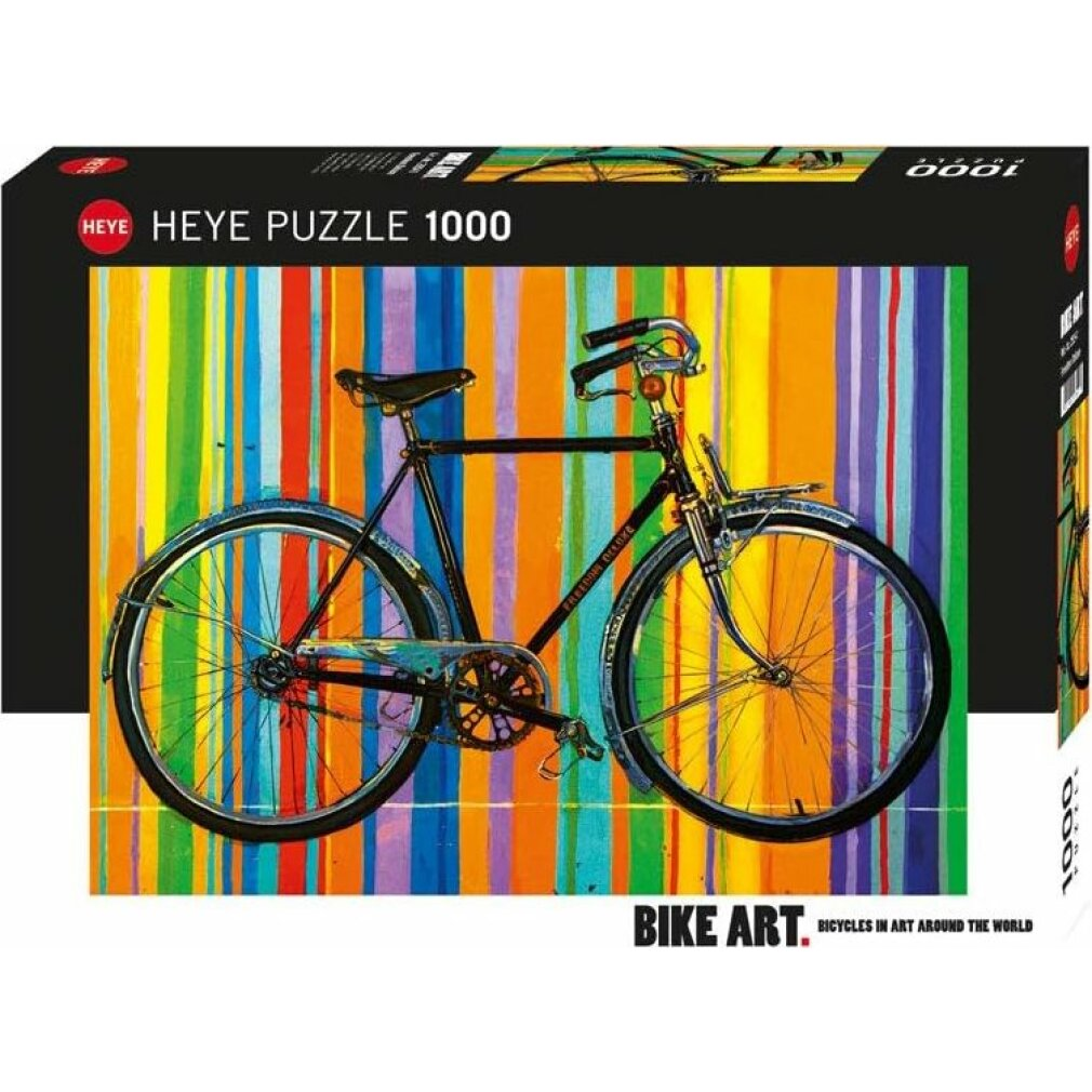 Fahrradillustration auf einer Puzzledose. Der Hintergrund hat bunte vertikale Streifen. Das Fahrrad ist schwarz mit silbernen Details.