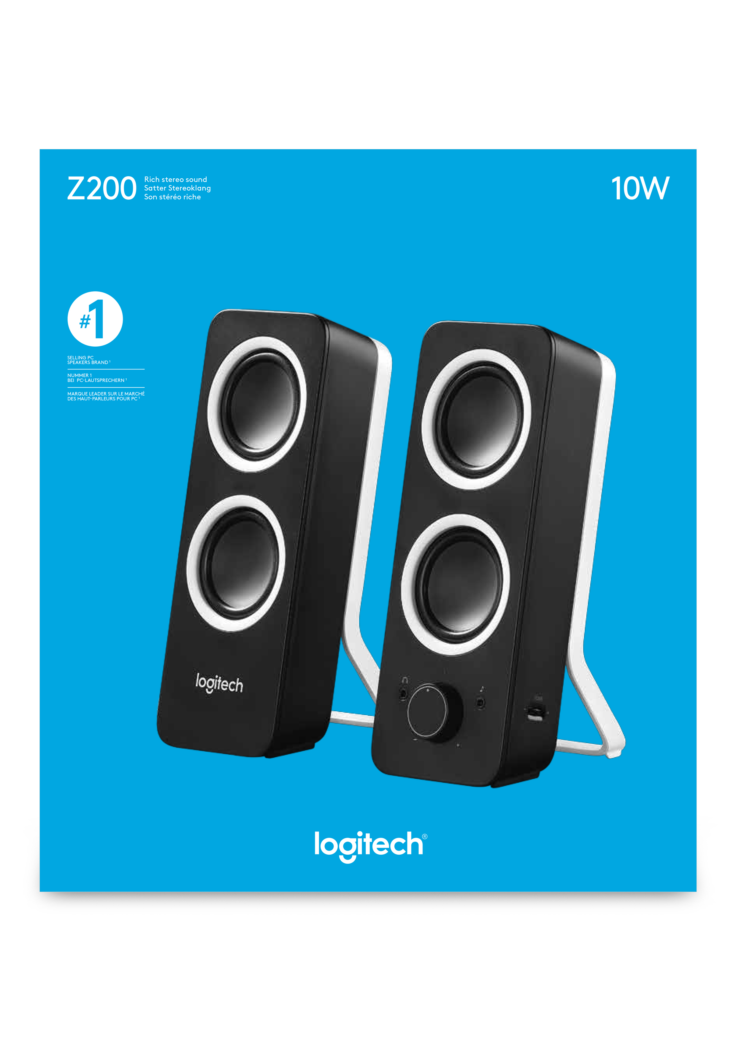 Dos altavoces negros Logitech sobre fondo azul. Tienen detalles blancos y están etiquetados como Z200 y 10W.
