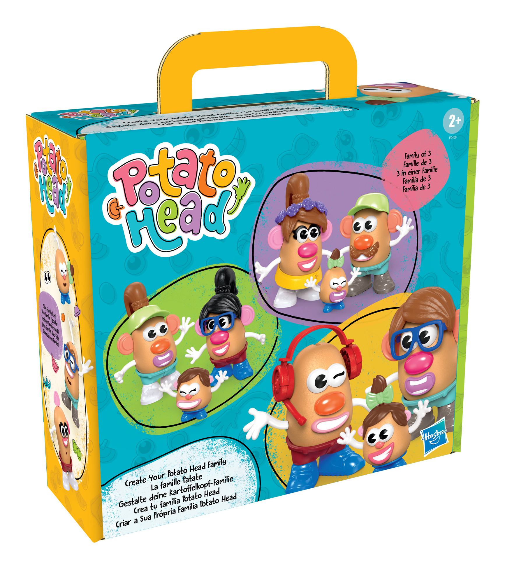 Pudełko z zestawem zabawek rodziny Potato Head. Pudełko zawiera zdjęcia różnych rodzin Potato Head. Ma żółtą rączkę.