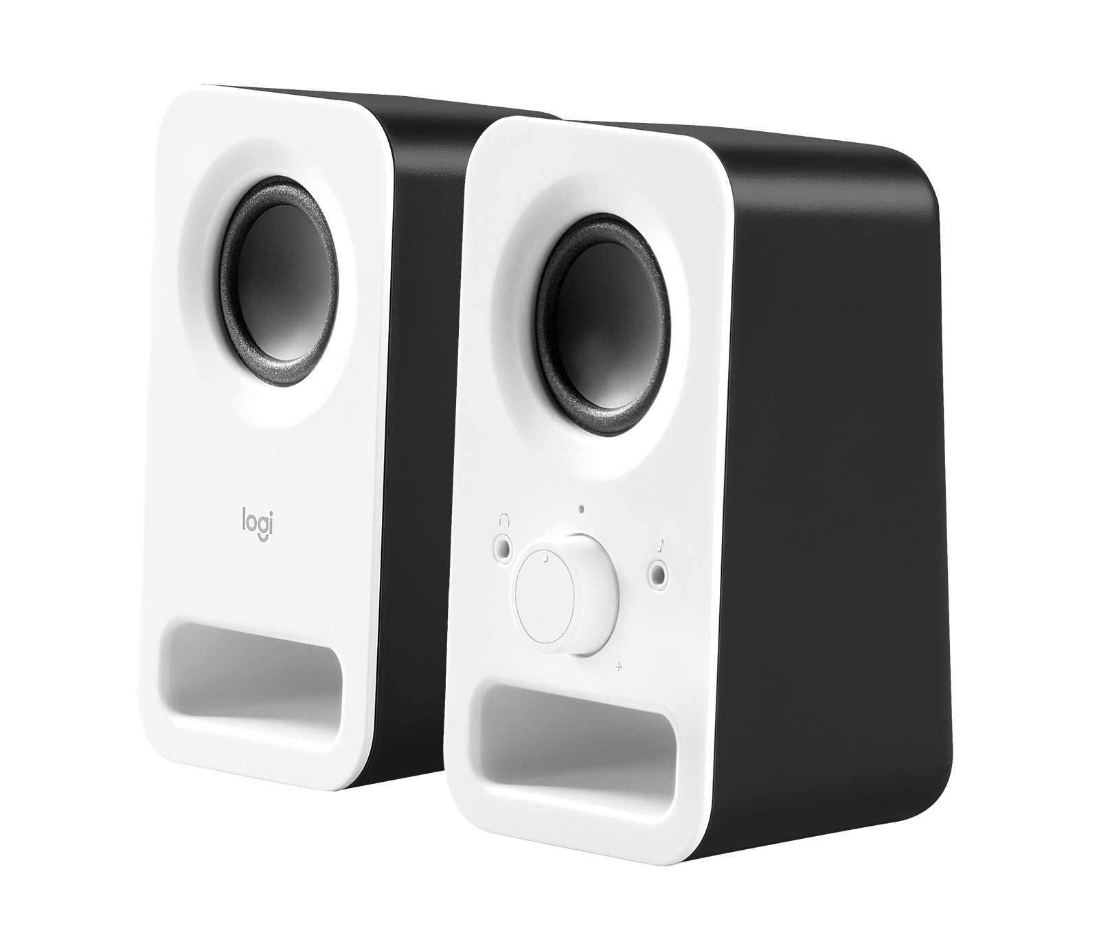 Dos altavoces Logitech en blanco y negro. Uno tiene control de volumen. Los altavoces tienen una rejilla. Fondo blanco.
