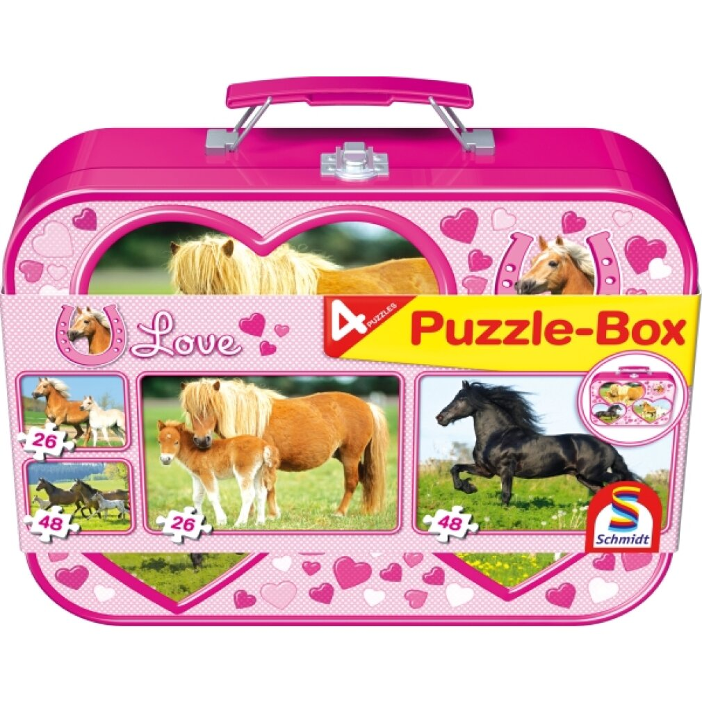 Różowe pudełko z puzzlami ze zdjęciami koni. Zawiera puzzle z końmi w różnych kolorach. Pudełko mówi 'Love' i 'Puzzle-Box'.
