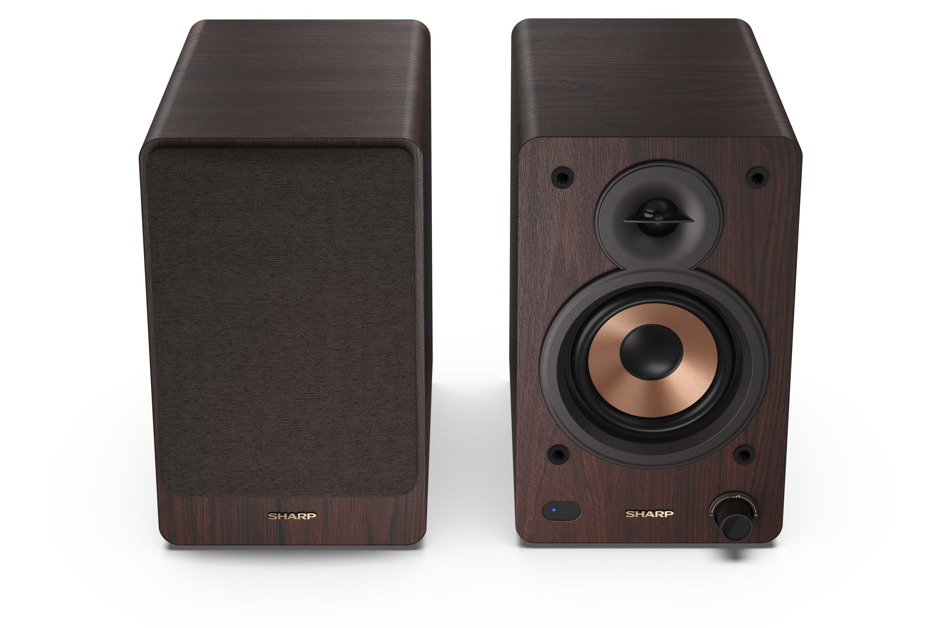 Dwa drewniane głośniki na białej powierzchni. Jeden ma miedziany środek. Oba mają logo Sharp.