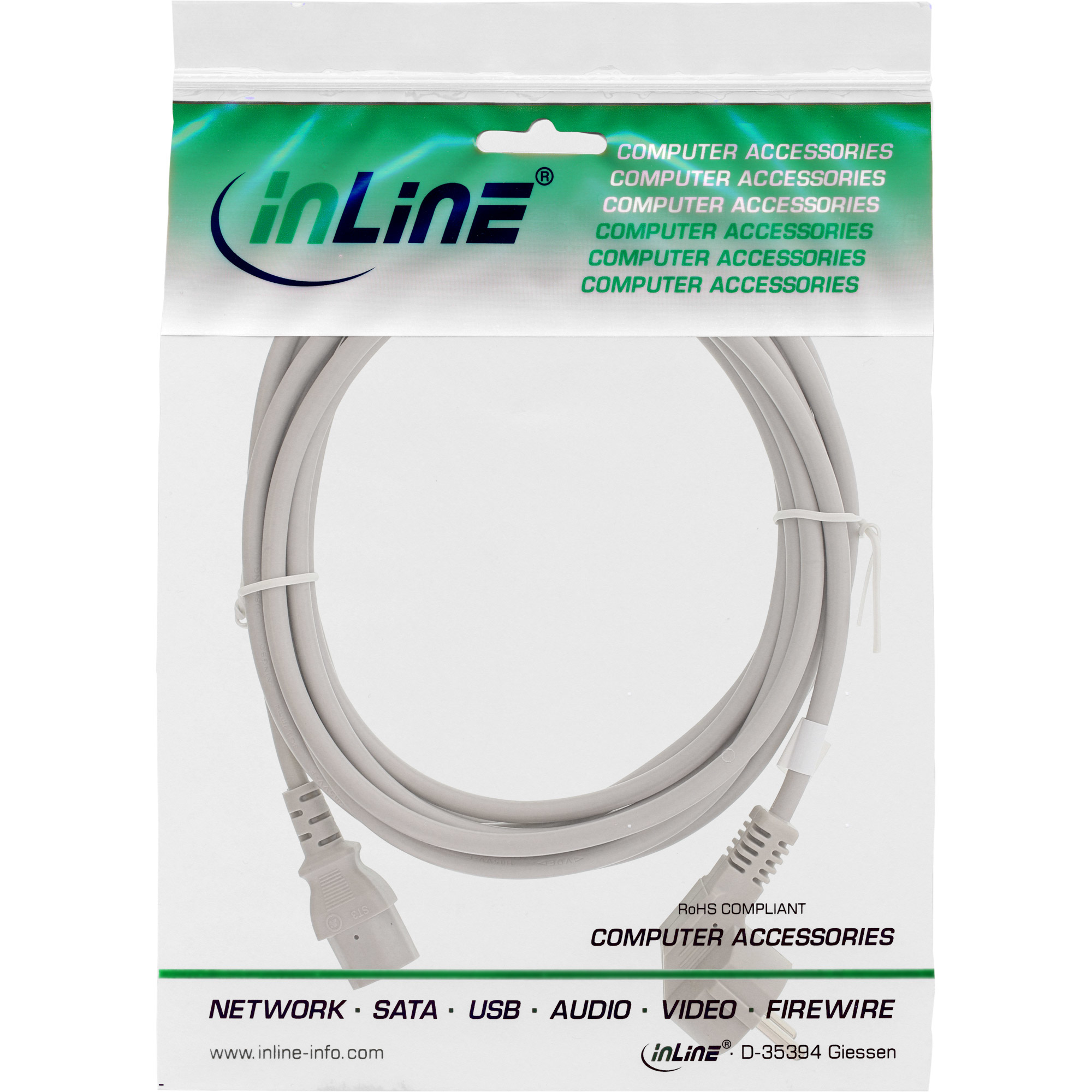 Ein Computerkabel in einer Plastiktüte. Die Tüte trägt das Inline-Logo und den Text "Computerzubehör".