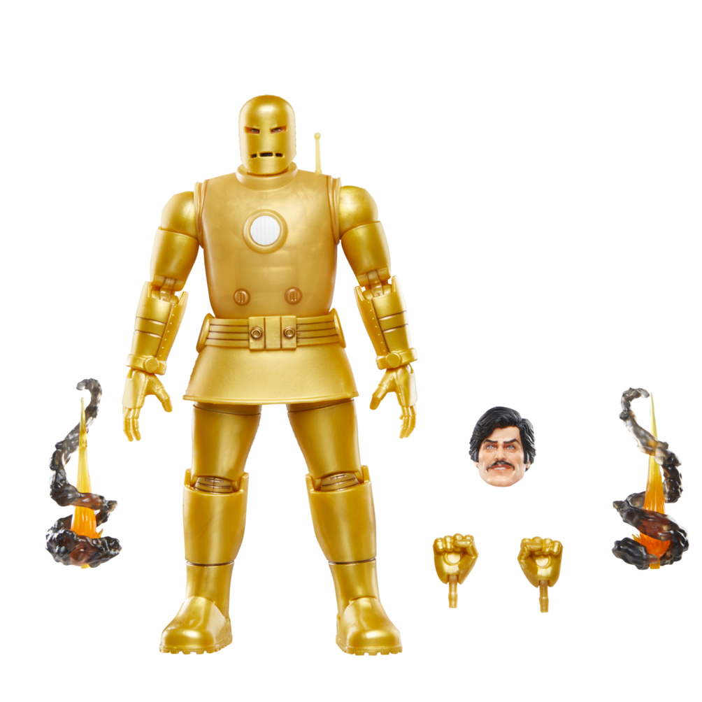 Alternatif kafa, eller ve duman efektleriyle altın renkli bir Iron Man figürü. Klasik bir miğferi ve kemeri var.