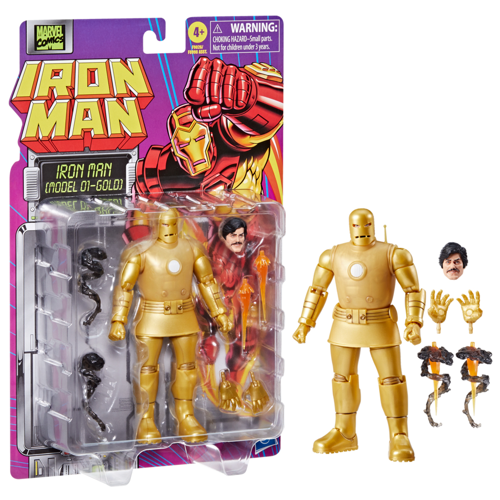 Altın zırhlı Iron Man aksiyon figürü, ambalajlı ve aksesuarlarla sergileniyor. Ambalajda çizgi roman sanatı ve uyarılar yer alıyor.