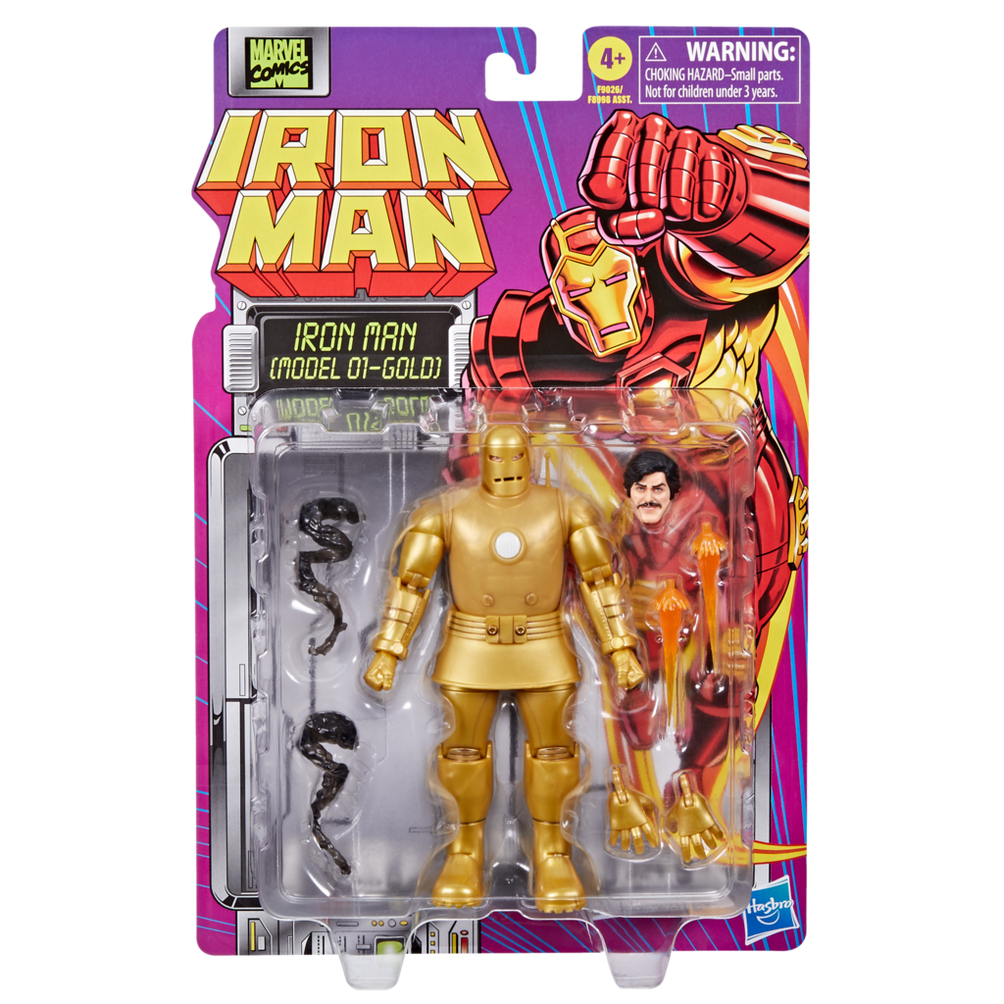 Altın zırhlı Iron Man aksiyon figürü, Tony Stark figürüyle paketlenmiş, mor ve pembe bir arka plan üzerinde.