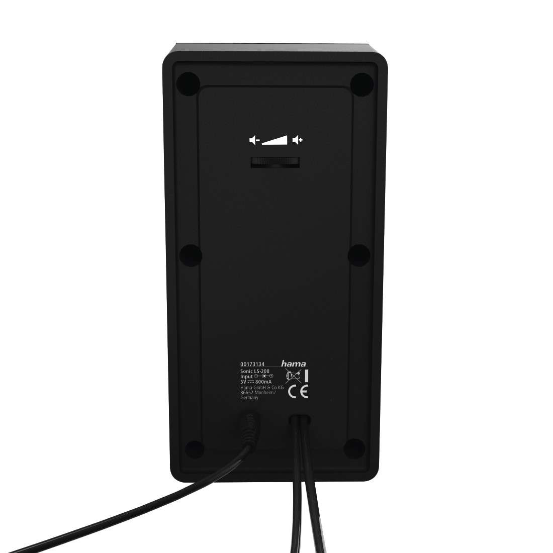 Czarny głośnik z regulacją głośności i logo Hama. Kable wychodzą z dołu. Tekst z modelem i zasilaniem.