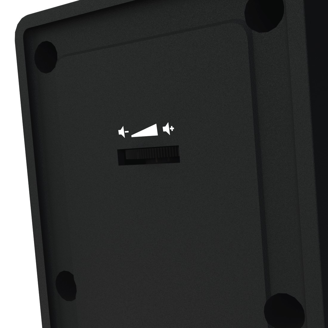 Zbliżenie czarnego urządzenia z kontrolą głośności. Suwak z ikonami głośności.