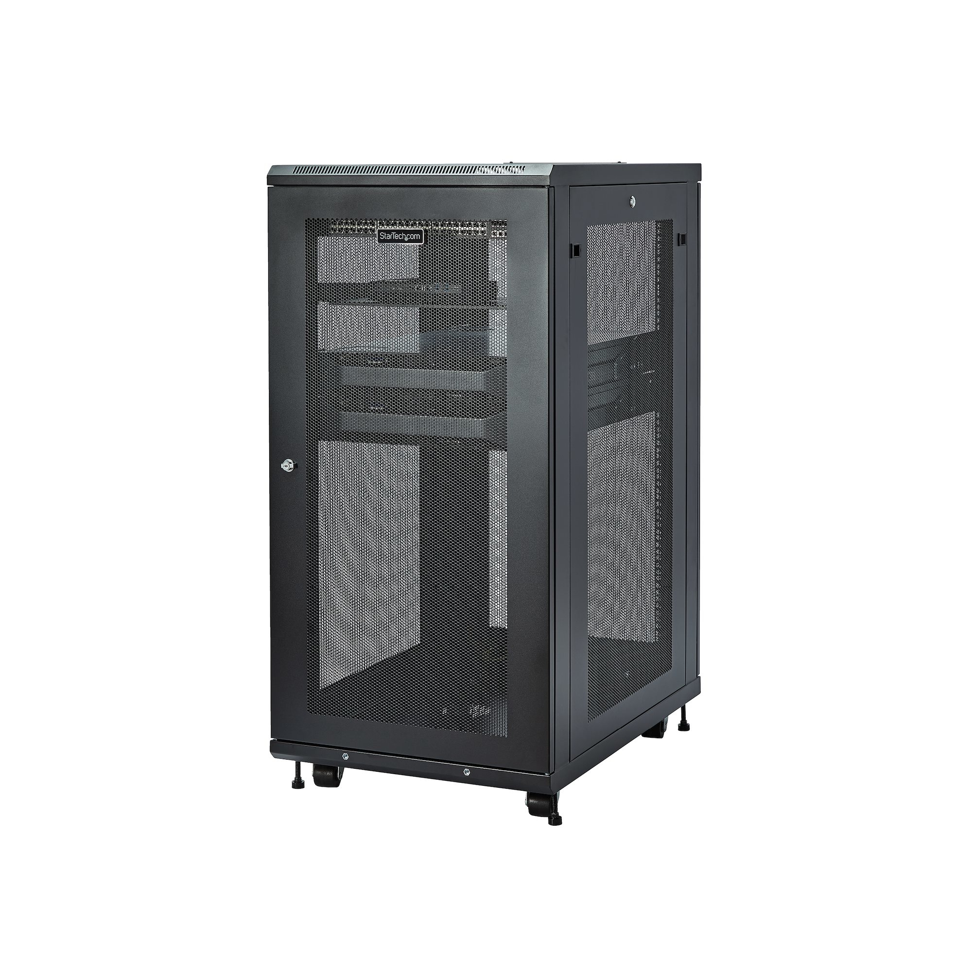 Un armario de rack de servidor negro sobre ruedas, con puerta y laterales de malla. El logotipo de StarTech.com es visible.