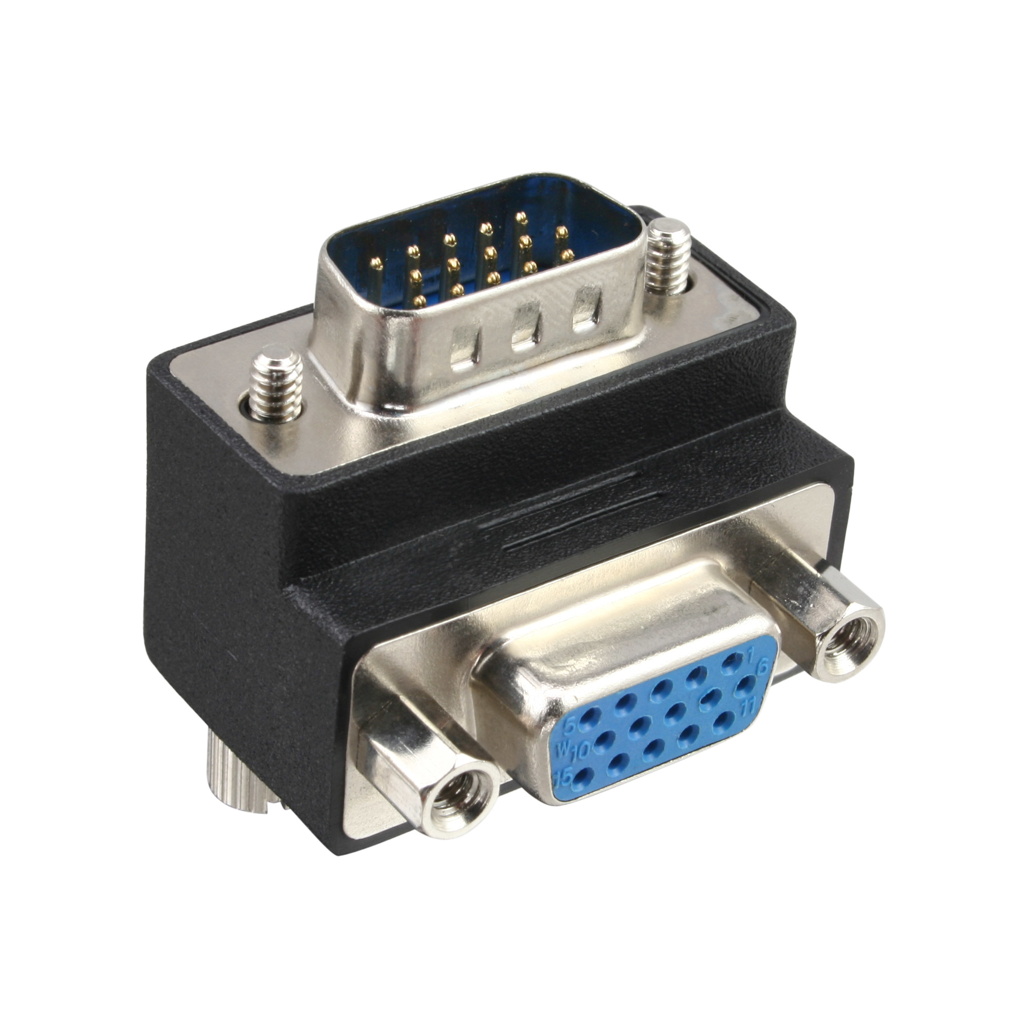 Ein VGA-Adapter. Er ist schwarz und silberfarben und hat zwei Anschlüsse: Stecker und Buchse. Schrauben halten die Anschlüsse.