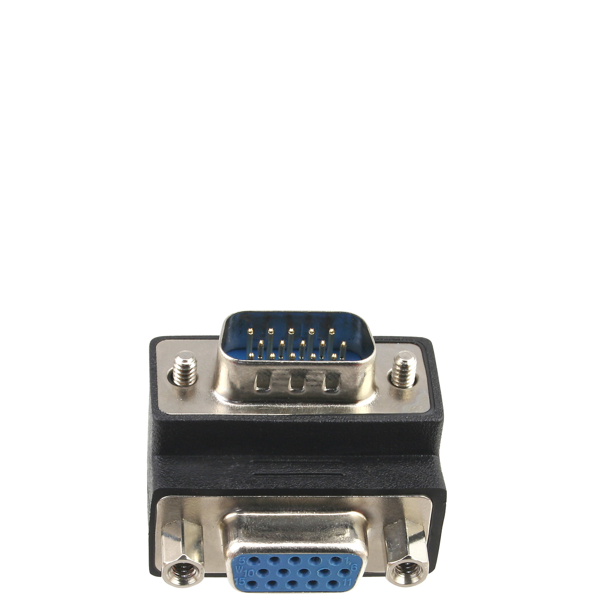 Ein schwarzer VGA-Adapter mit blauen Anschlüssen. Er hat Schrauben zur Sicherung. Der Hintergrund ist weiß.