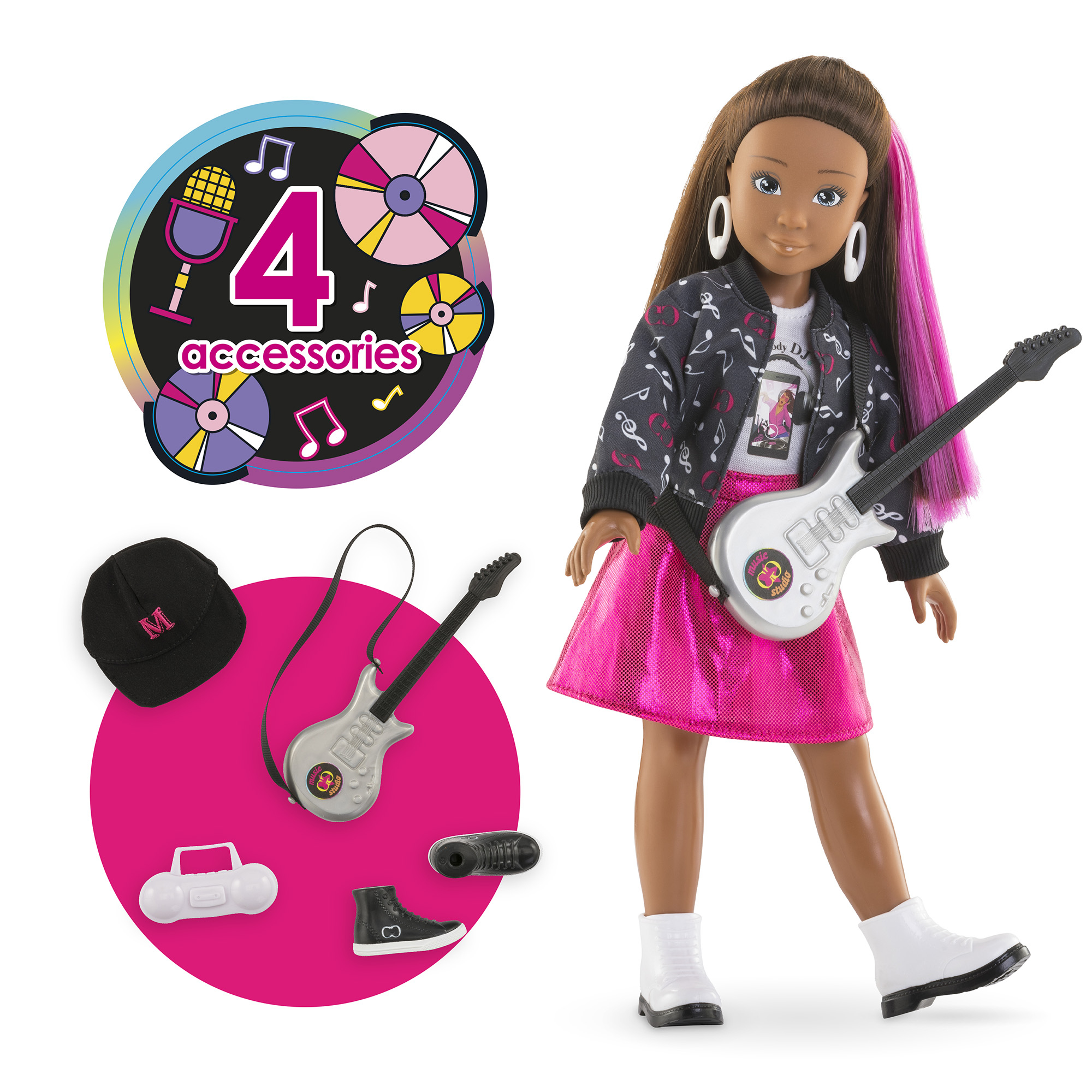 Puppe mit Gitarre und Zubehör. Pinker Rock, weiße Stiefel und pink/lila Haare. Inklusive Hut, Radio, Schuh und mehr.