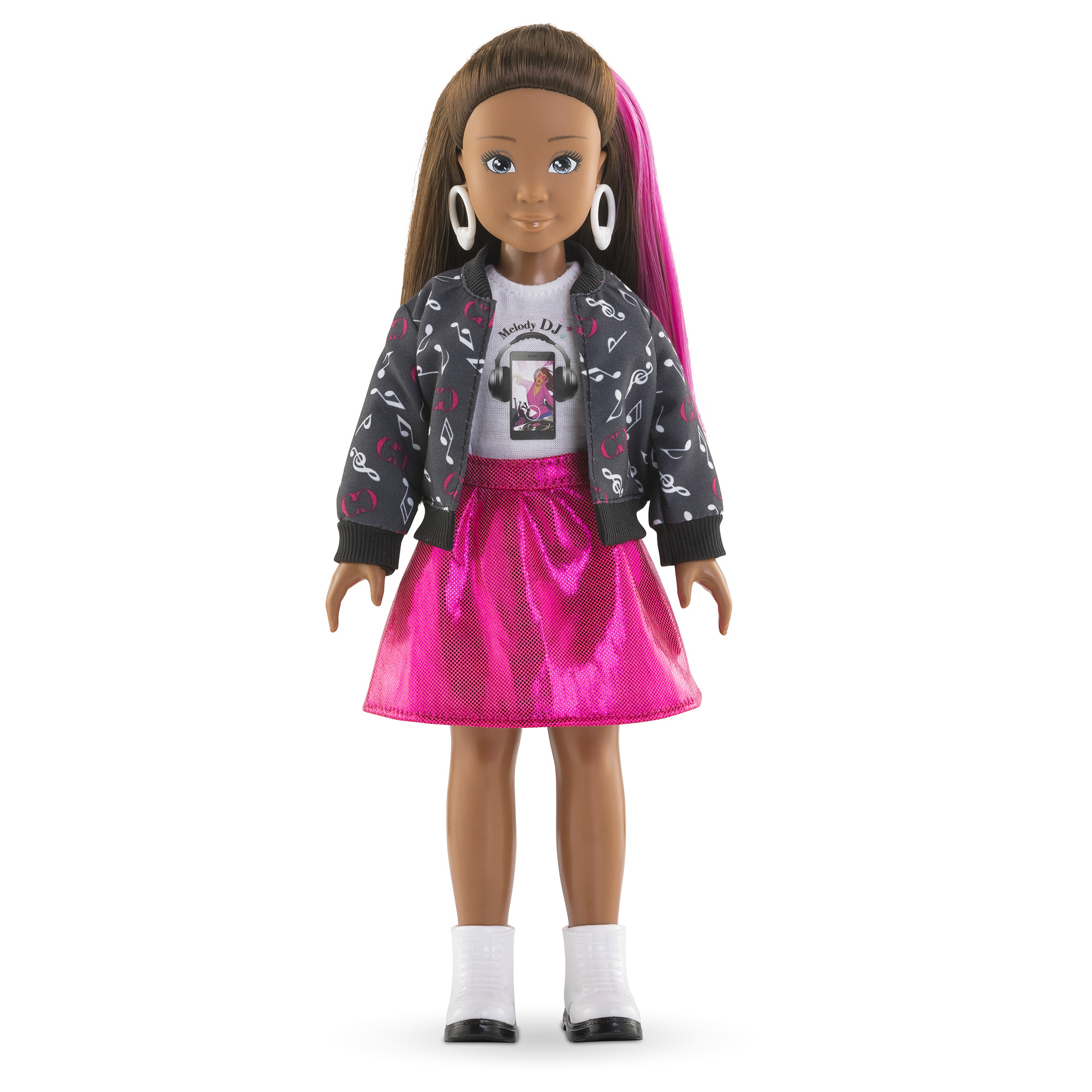 Puppe mit braunen Haaren, rosa Strähne, weißen Stiefeln, rosa Rock und Jacke mit Noten.