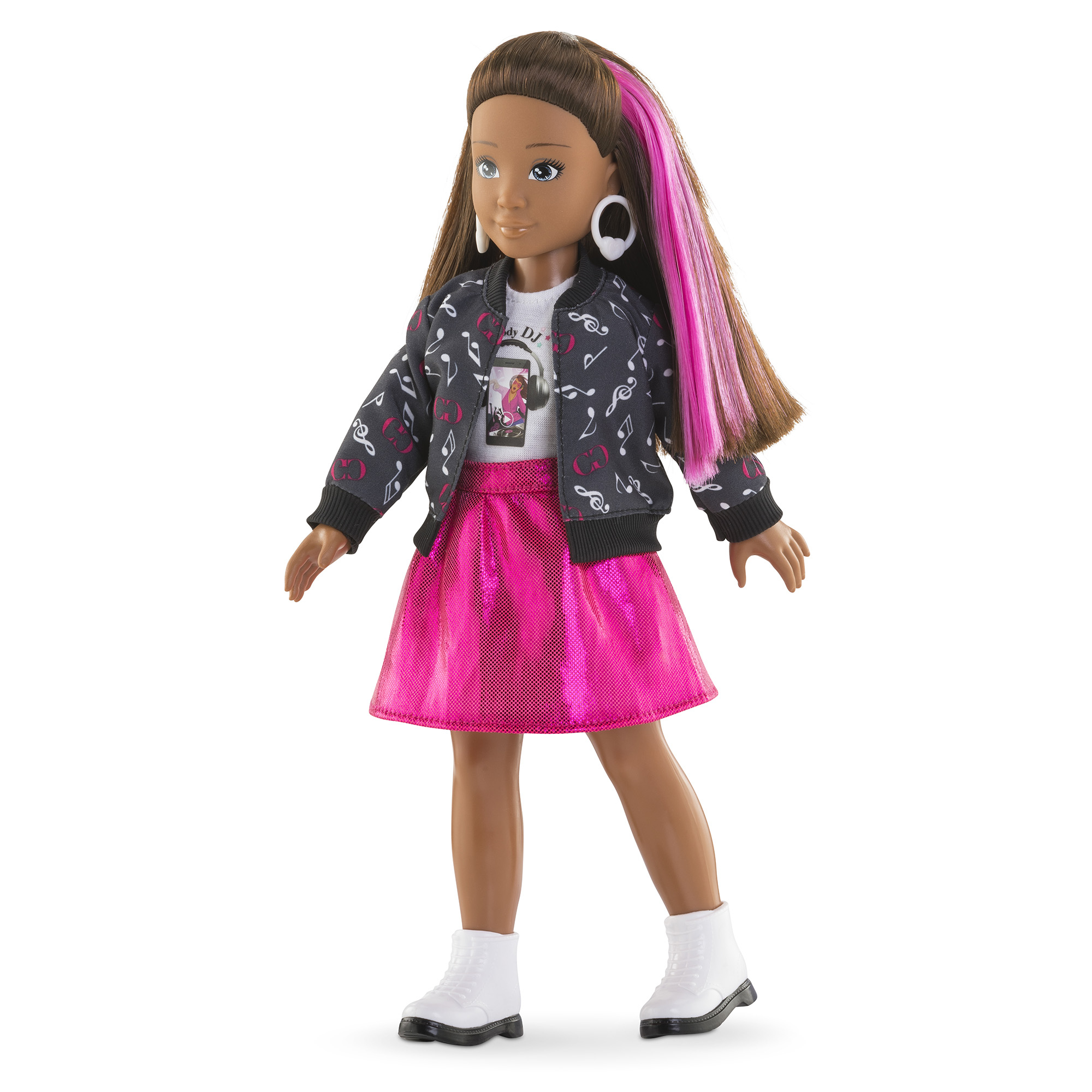 Eine Puppe mit braunem Haar mit rosa Strähnchen, die eine schwarze Jacke, einen rosa Rock, weiße Stiefel und große weiße Ohrringe trägt.