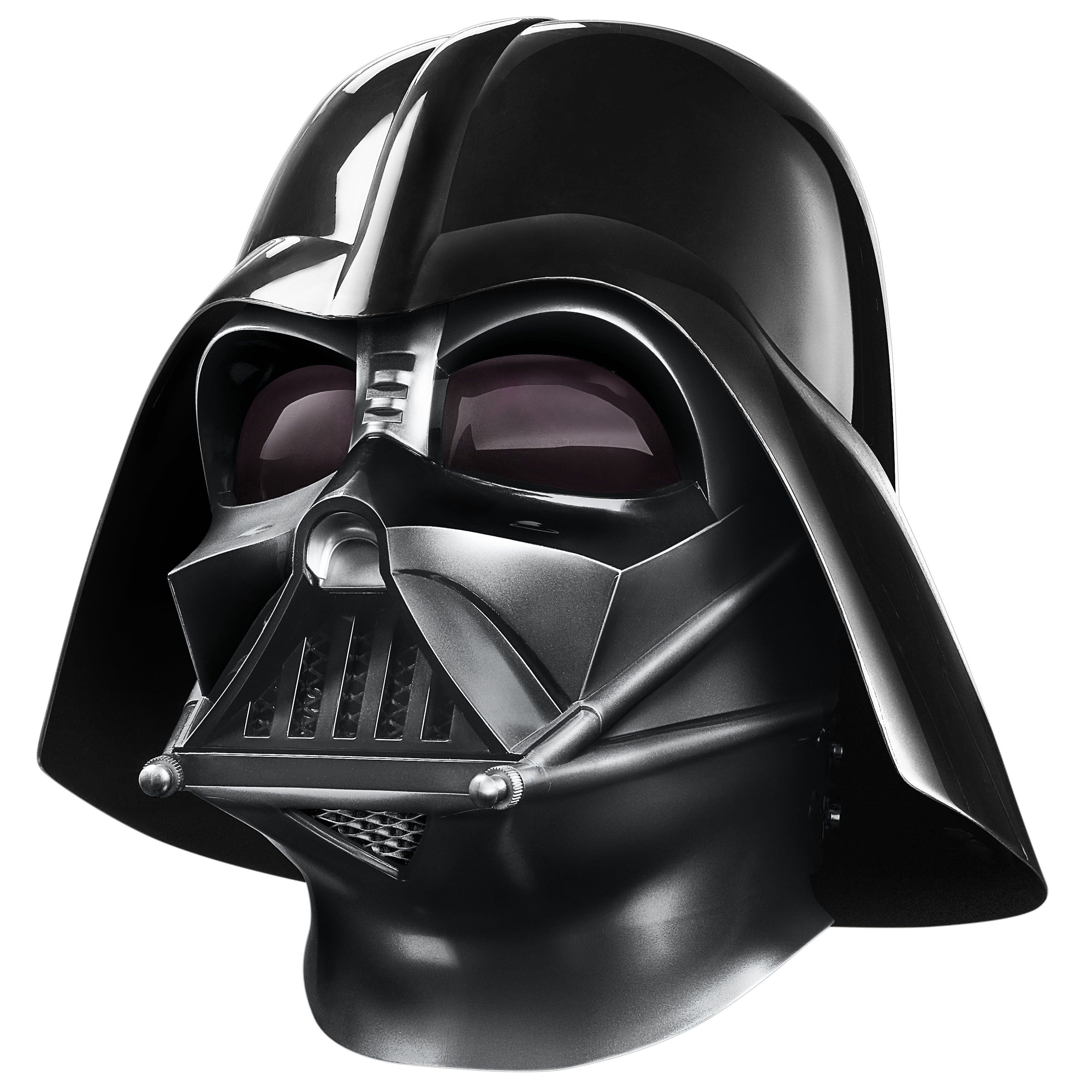 Primo piano di un casco di Darth Vader, nero con finitura metallica, lenti viola e maschera frontale dettagliata.