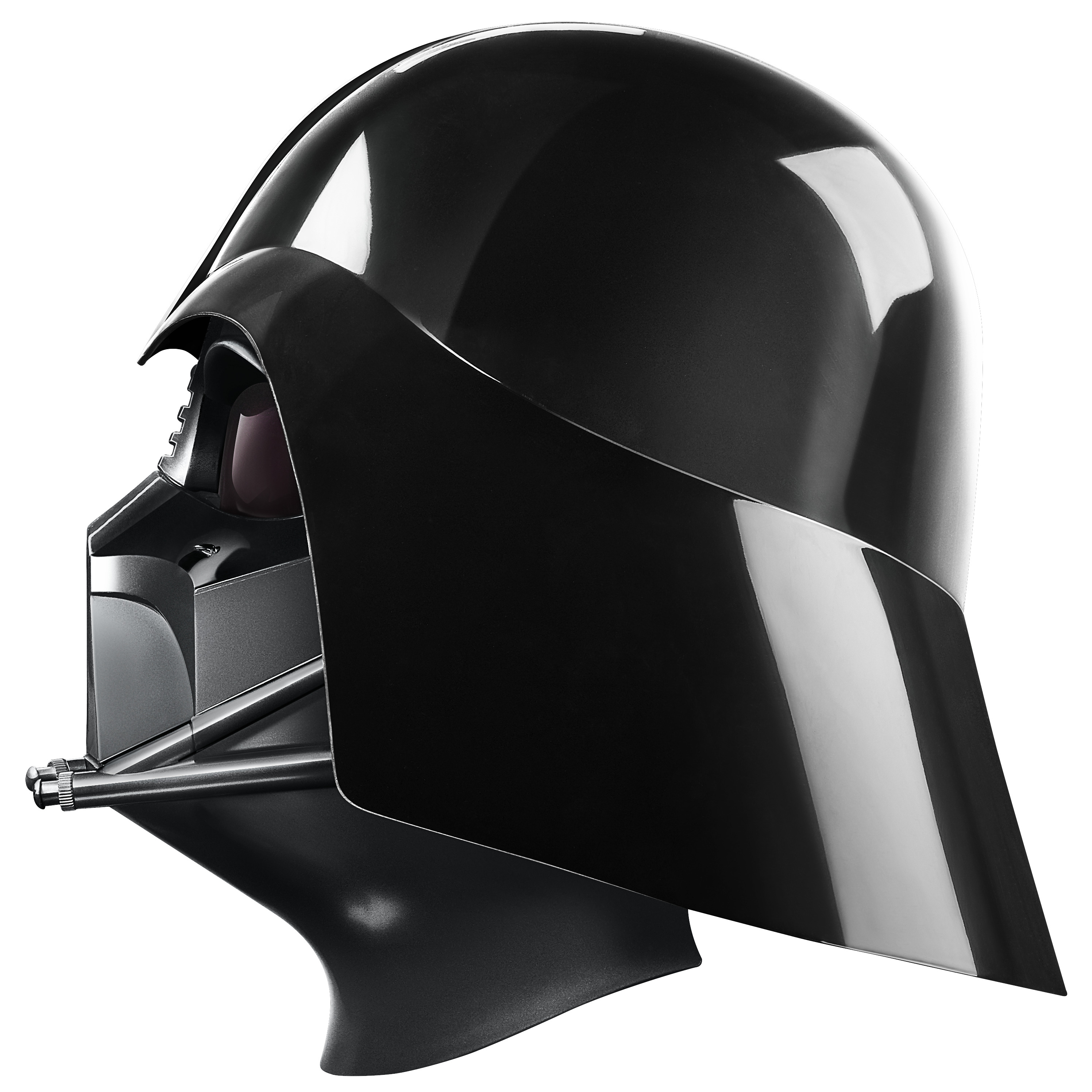 Vista laterale di un casco nero lucido di Darth Vader. Il casco è su sfondo bianco.