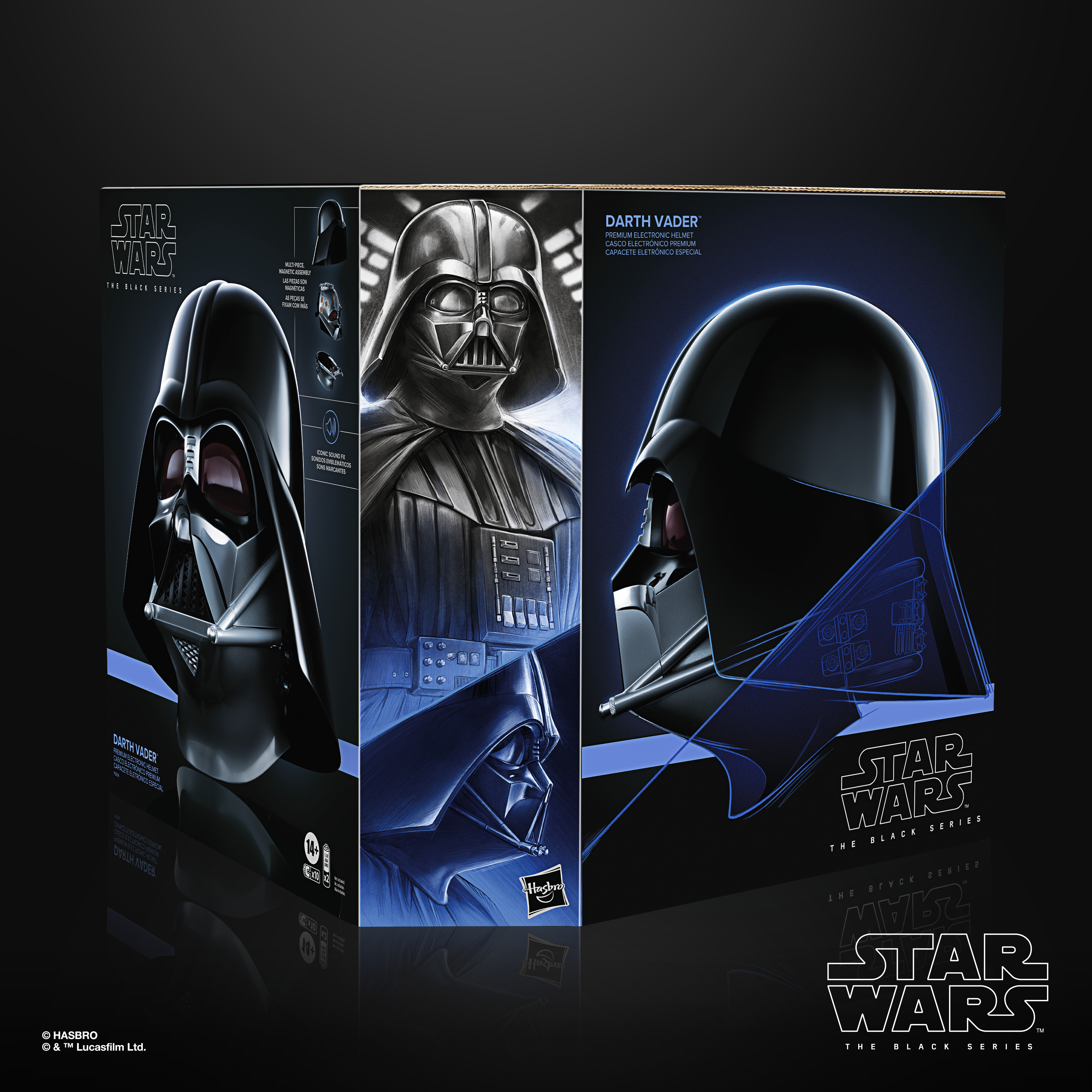 Illustrazione della scatola di un casco di Darth Vader. Mostra più immagini del casco e del marchio Star Wars.