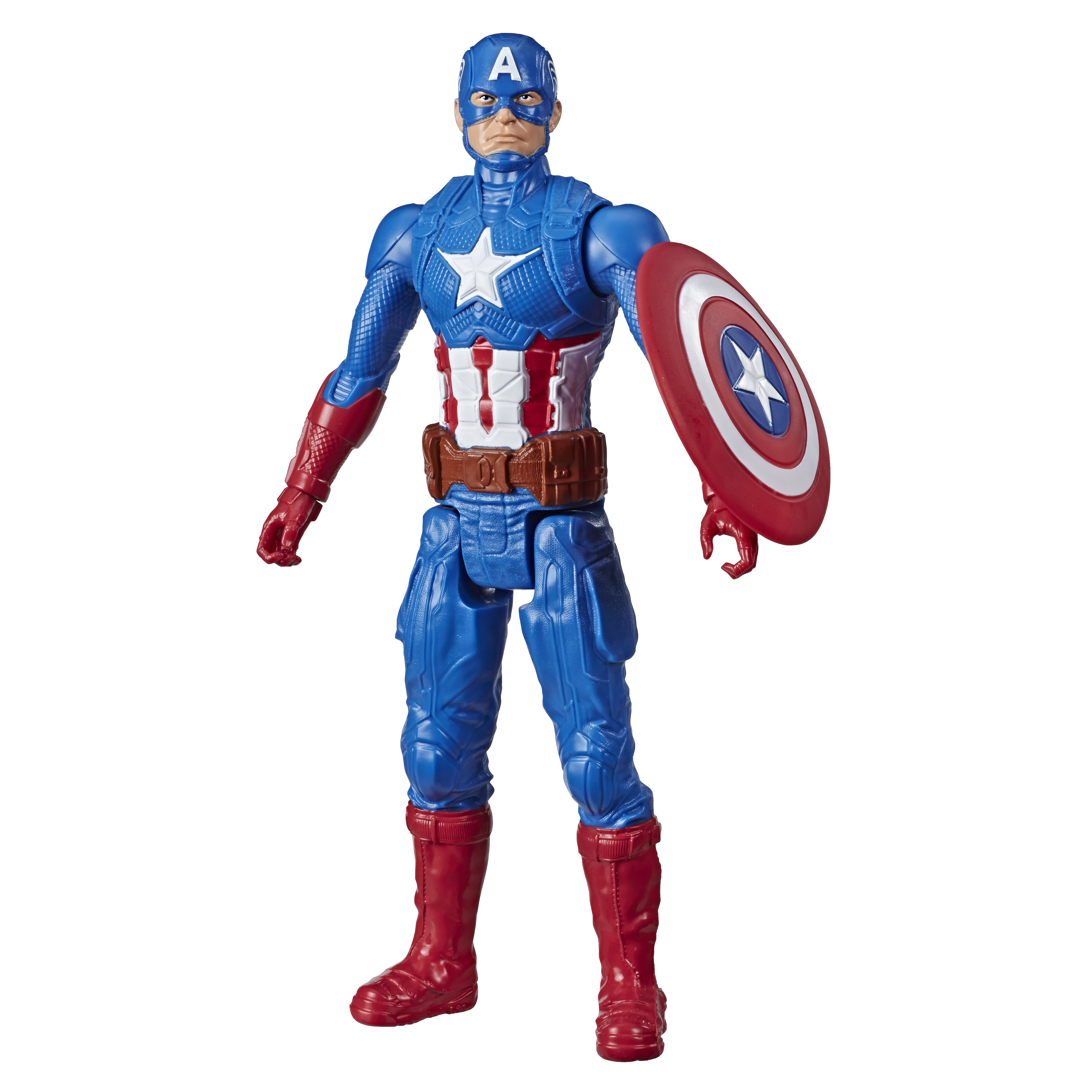 Una action figure di Captain America è in piedi con uno scudo. Indossa un costume blu e rosso con una stella bianca sul petto.