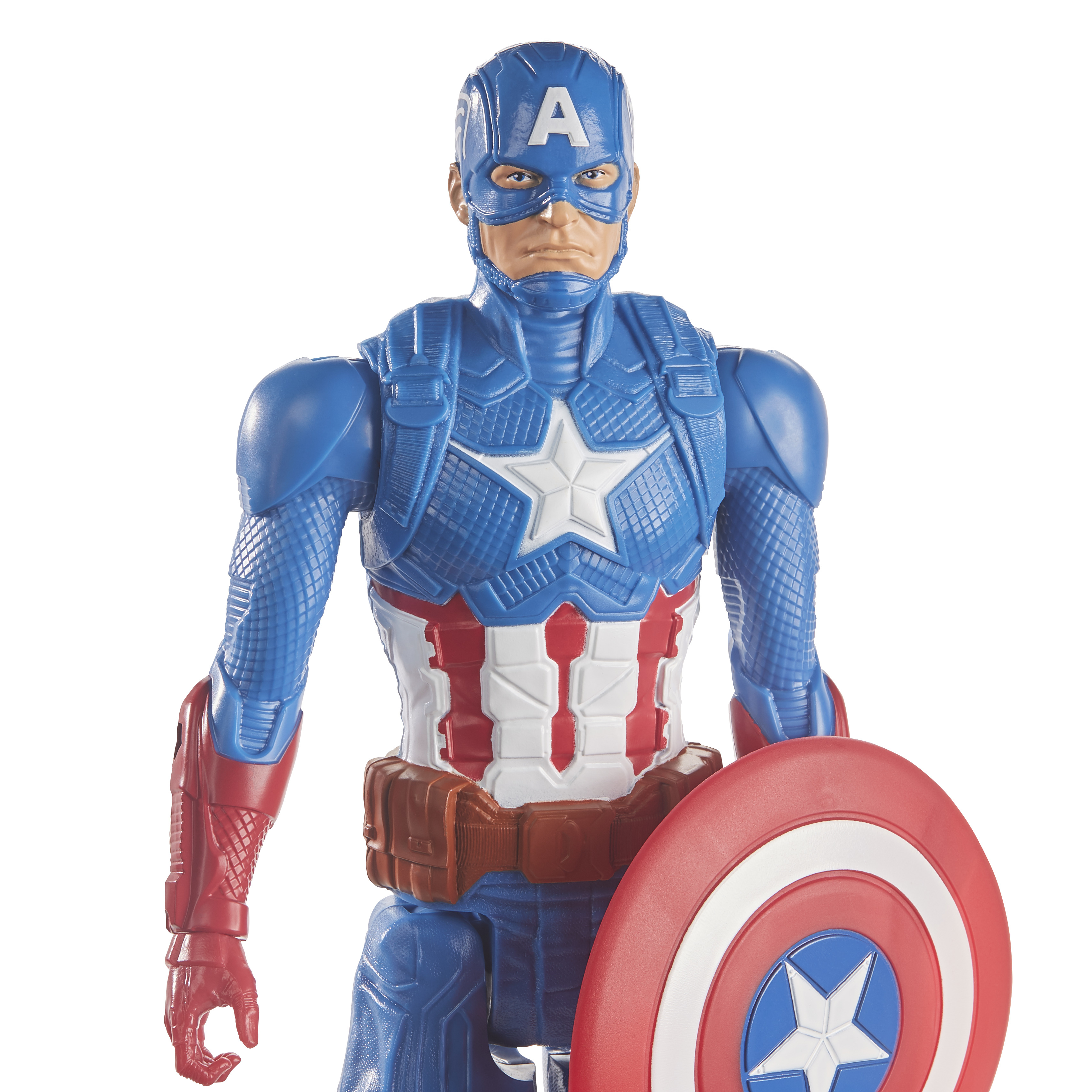 Action figure di Captain America. Ha un costume blu e rosso, uno scudo e un casco con la lettera A.