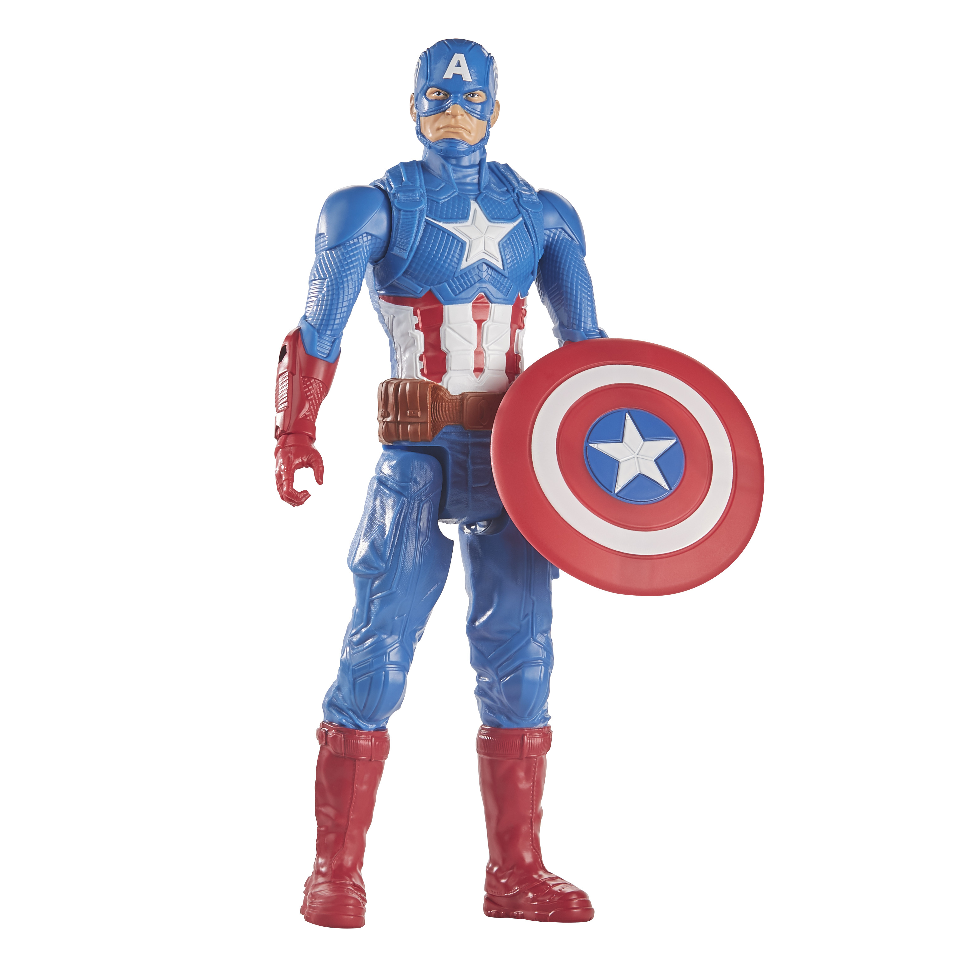 Action figure di Captain America. Costume blu, rosso e bianco. Tiene uno scudo. Su sfondo bianco.