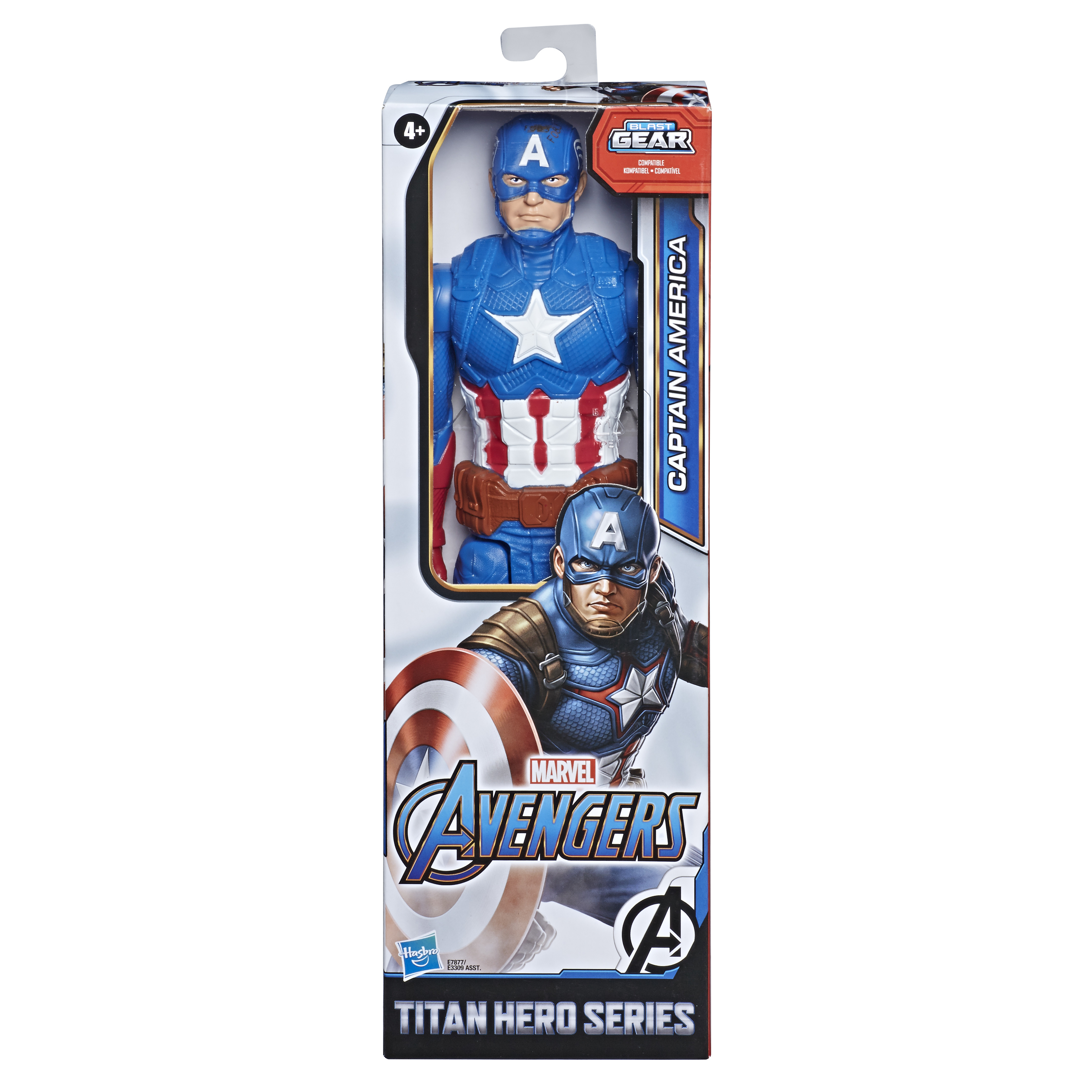 Action figure di Captain America nella confezione. Colori blu, rosso e bianco. La confezione dice 'Marvel Avengers Titan Hero Series'.