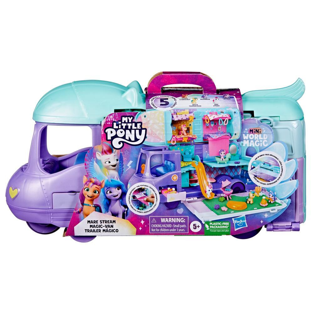 Un juego de juguetes My Little Pony, con una caravana morada y azul con un mini mundo dentro y figuras de pony.