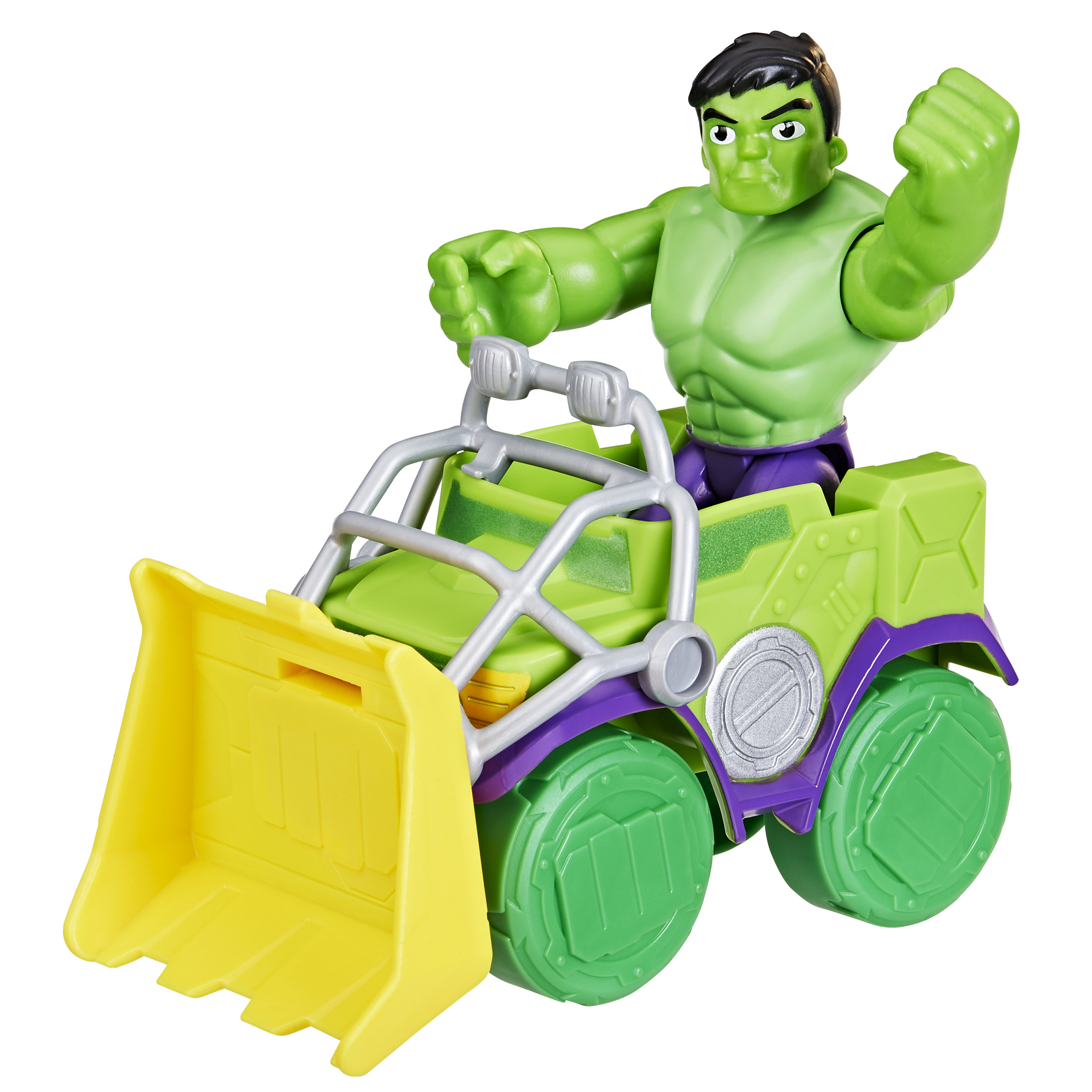 Ein grünes Hulk-Spielzeug in einem grün-gelben Fahrzeug. Hulk beugt seinen Arm. Das Fahrzeug hat lila und silberne Akzente.