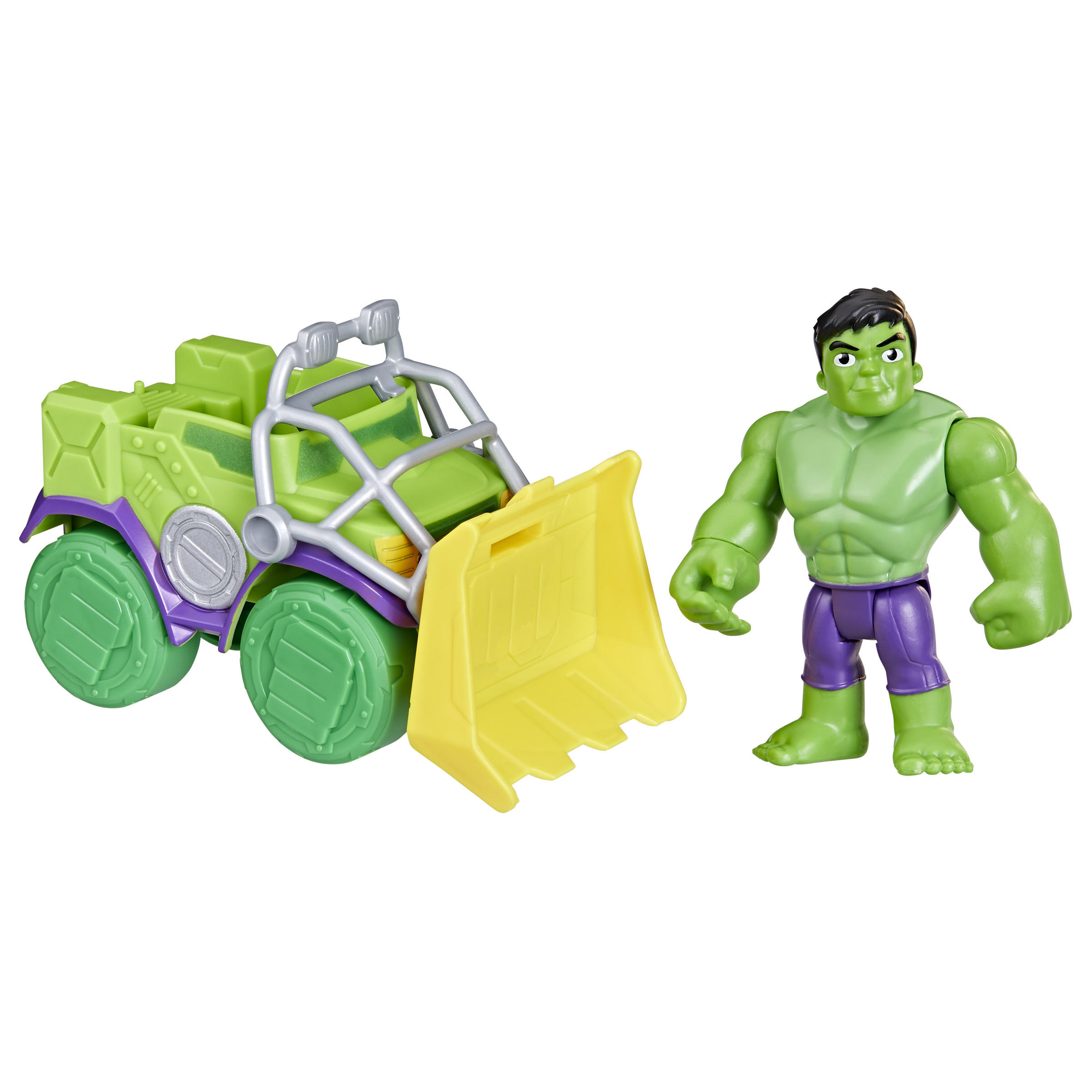 Eine grüne Hulk-Spielzeugfigur steht neben einem grün-violetten Baufahrzeug mit gelber Schaufel.
