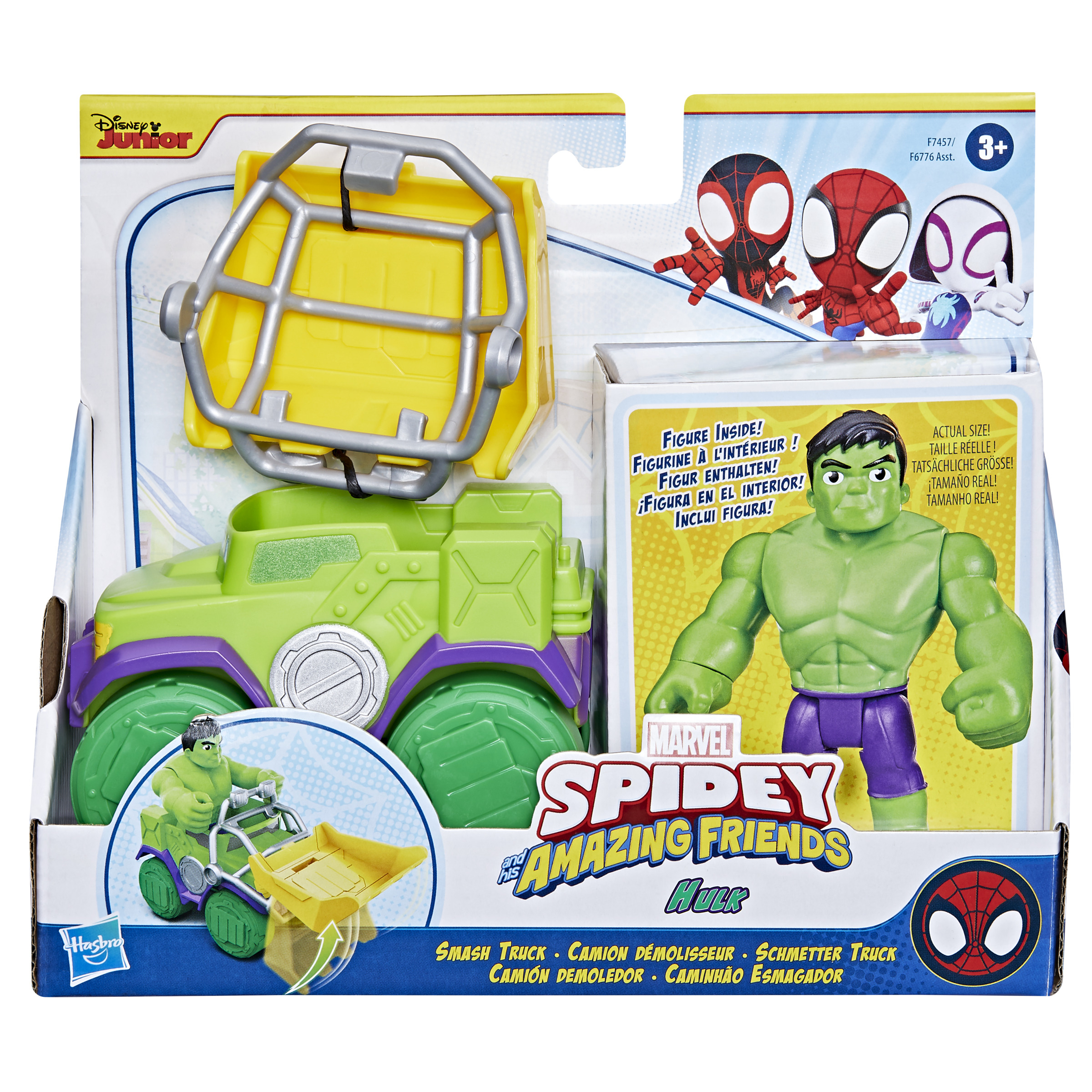 Ein Spielzeugset mit Hulk und einem grün-violetten Truck. Die Verpackung zeigt auch Spider-Man-Figuren.