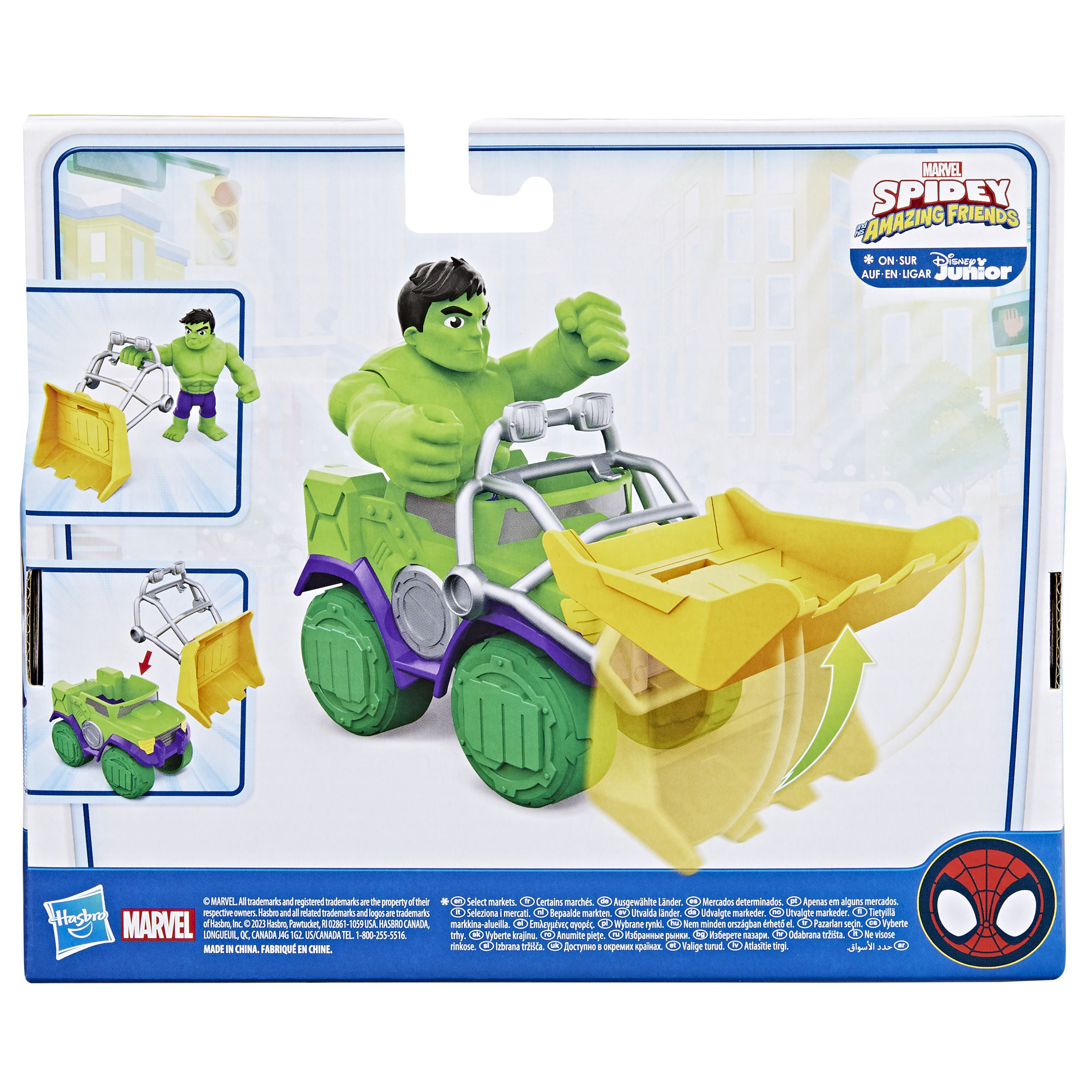 Spielzeugkiste zeigt Hulk, der ein grün-violettes Fahrzeug mit gelbem Schaufelaufsatz fährt.