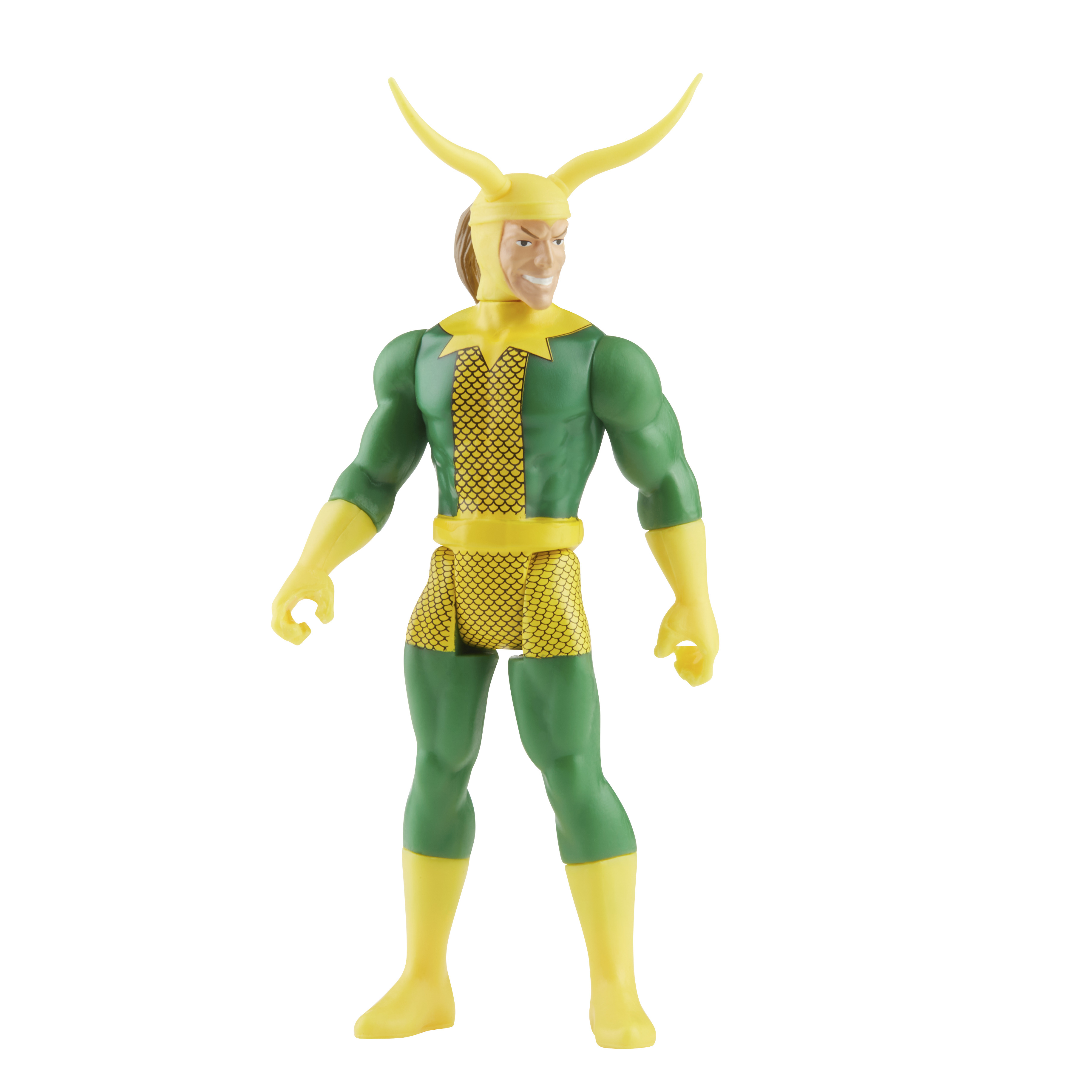 Una action figure di Loki è in piedi su sfondo bianco. Indossa un costume verde e giallo con elmo e corna gialle.