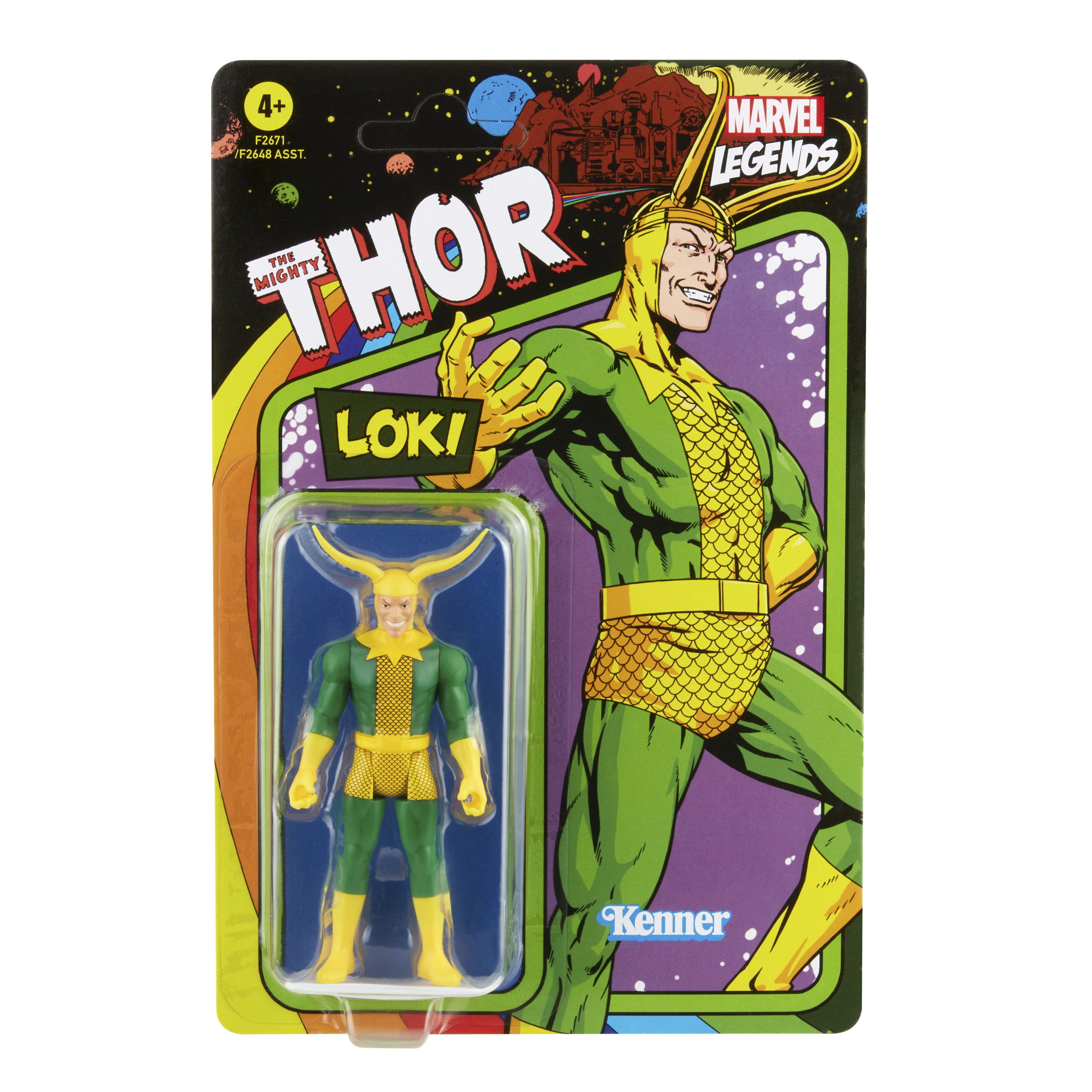 Una action figure di Loki in una confezione. Costume verde e giallo. La confezione presenta il logo Marvel Legends e 'Thor'.
