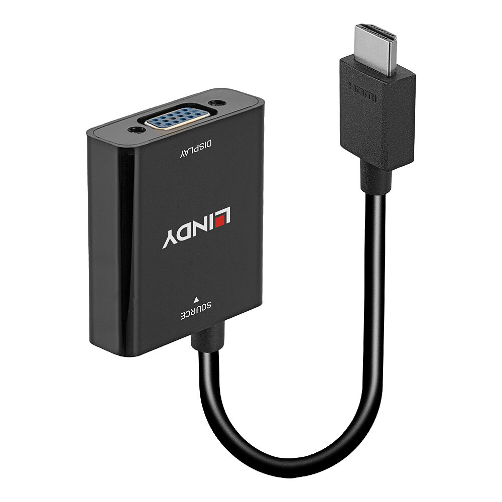 Czarny adapter LINDY z złączami HDMI i VGA, połączony czarnym kablem. Strona wyświetlacza jest oznaczona, podobnie jak strona źródła.