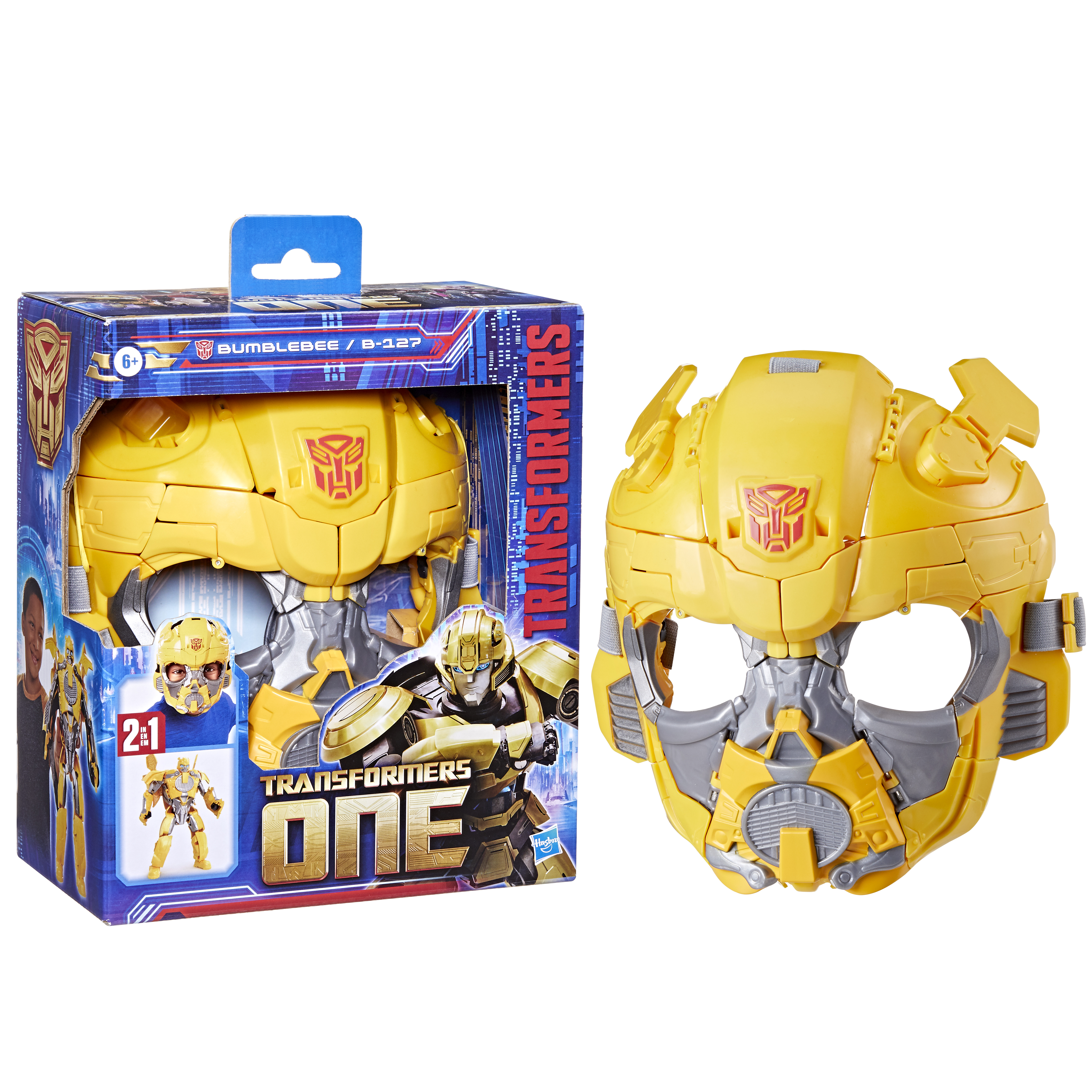 Un juguete de máscara de Transformers Bumblebee amarillo con su caja. La máscara está al lado de la caja, ambas sobre un fondo blanco.