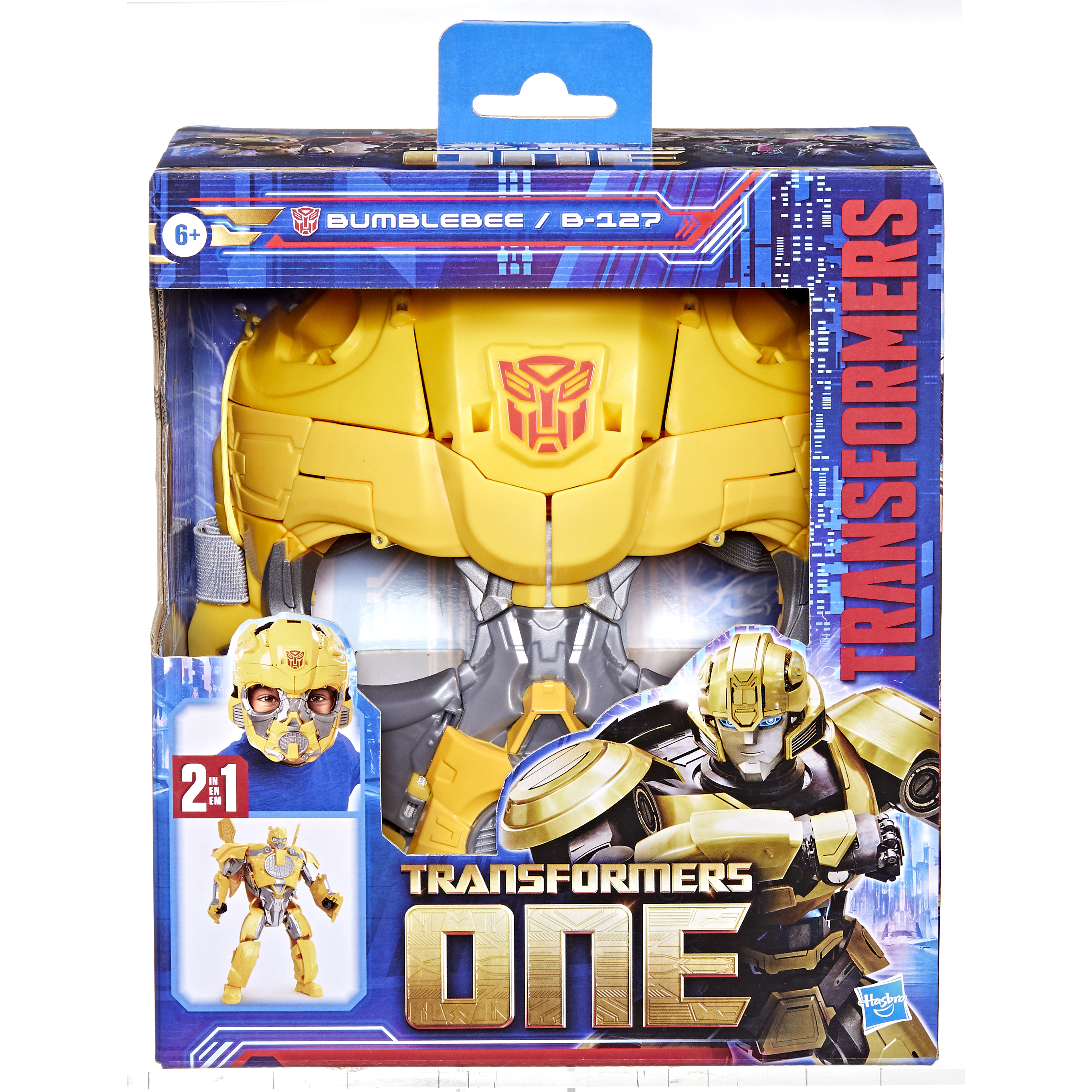 Un juguete Transformer Bumblebee en su caja. La caja es azul, amarilla y roja con ilustraciones del robot.