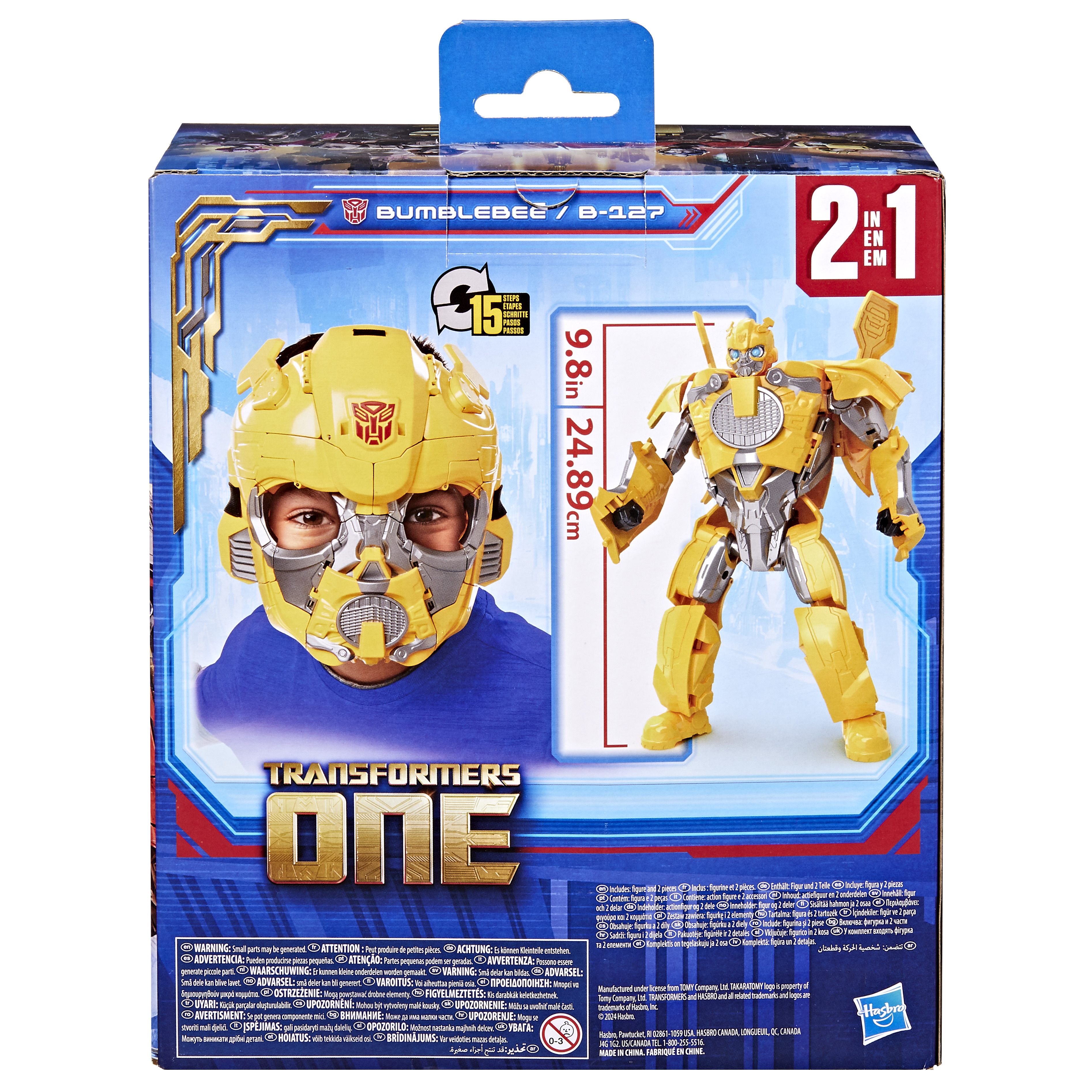 Una caja de juguetes muestra a un niño con un casco amarillo de Bumblebee, junto a un robot de juguete Bumblebee.