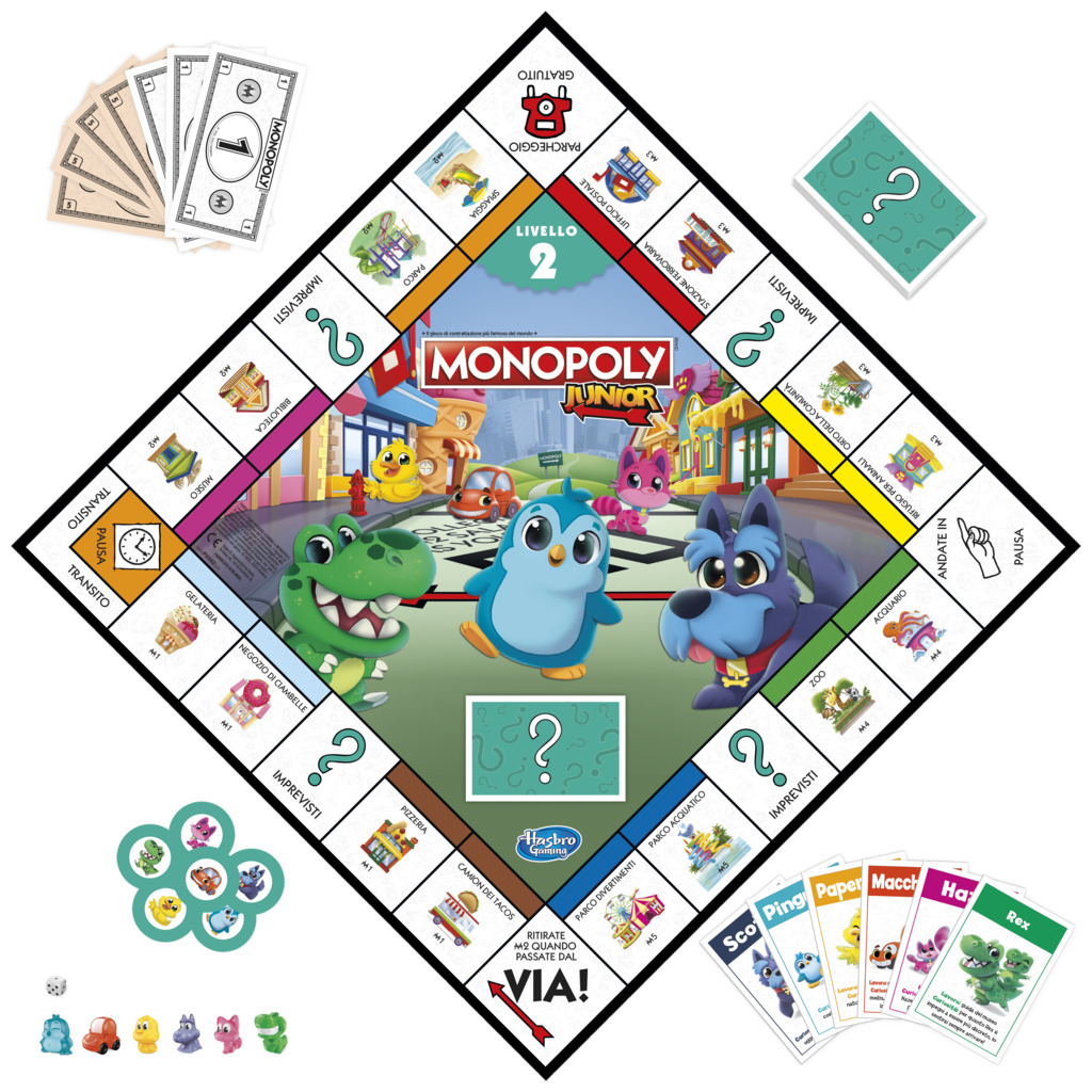 Gra planszowa Monopoly Junior. Zawiera planszę, karty, pieniądze, kostkę i pionki. Postacie z kreskówek na planszy.