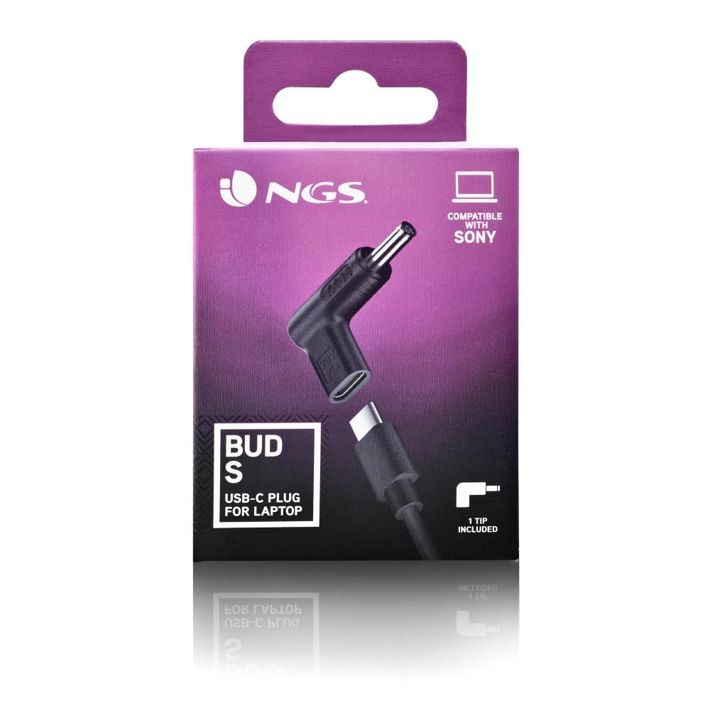 Una scatola con una spina USB-C NGS per laptop. È compatibile con i dispositivi Sony. L'immagine mostra la spina e un puntale.