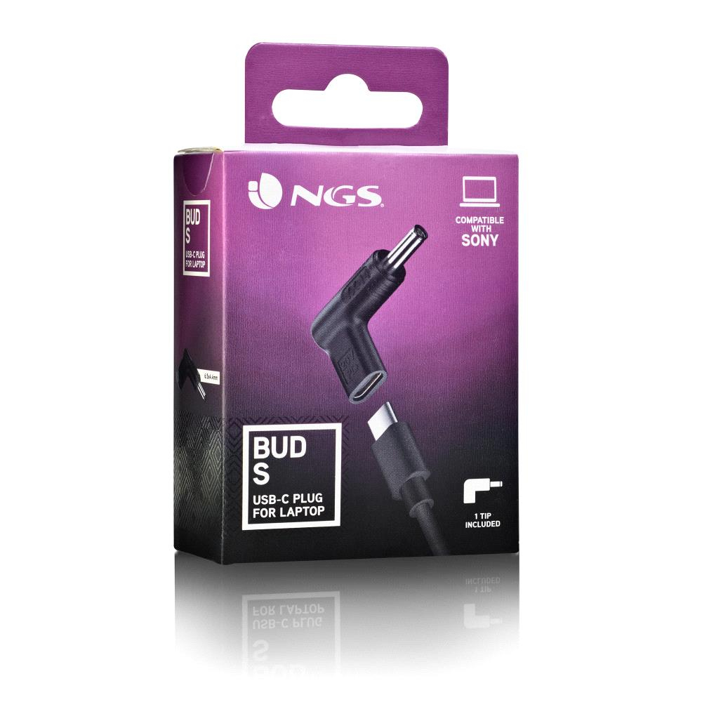 Una scatola con una spina USB-C per laptop, il marchio è NGS. La scatola è viola e include un'immagine del prodotto.
