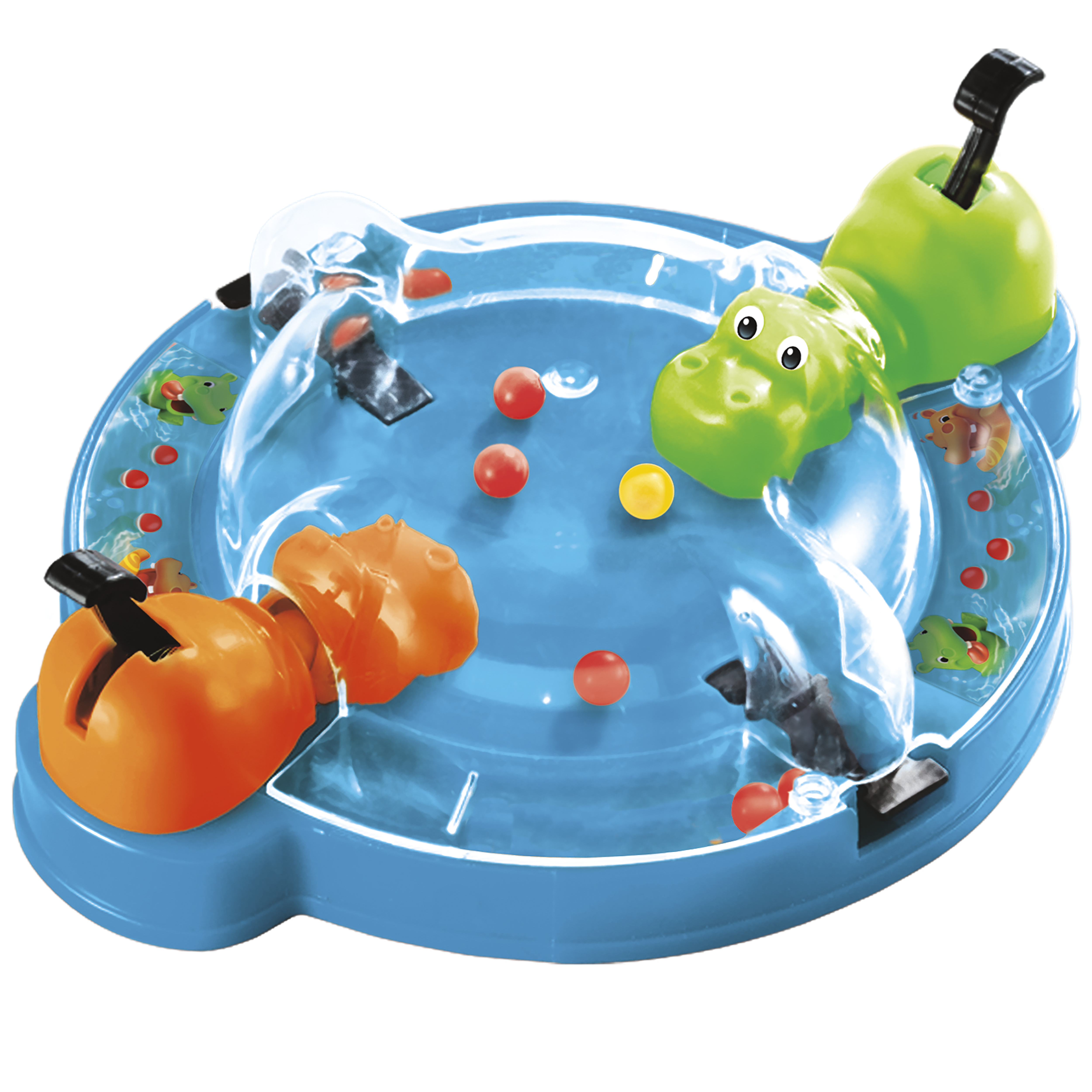 Een spel met nijlpaardthema met rode en gele ballen. Twee nijlpaarden aan de zijkanten en een groene in het midden.