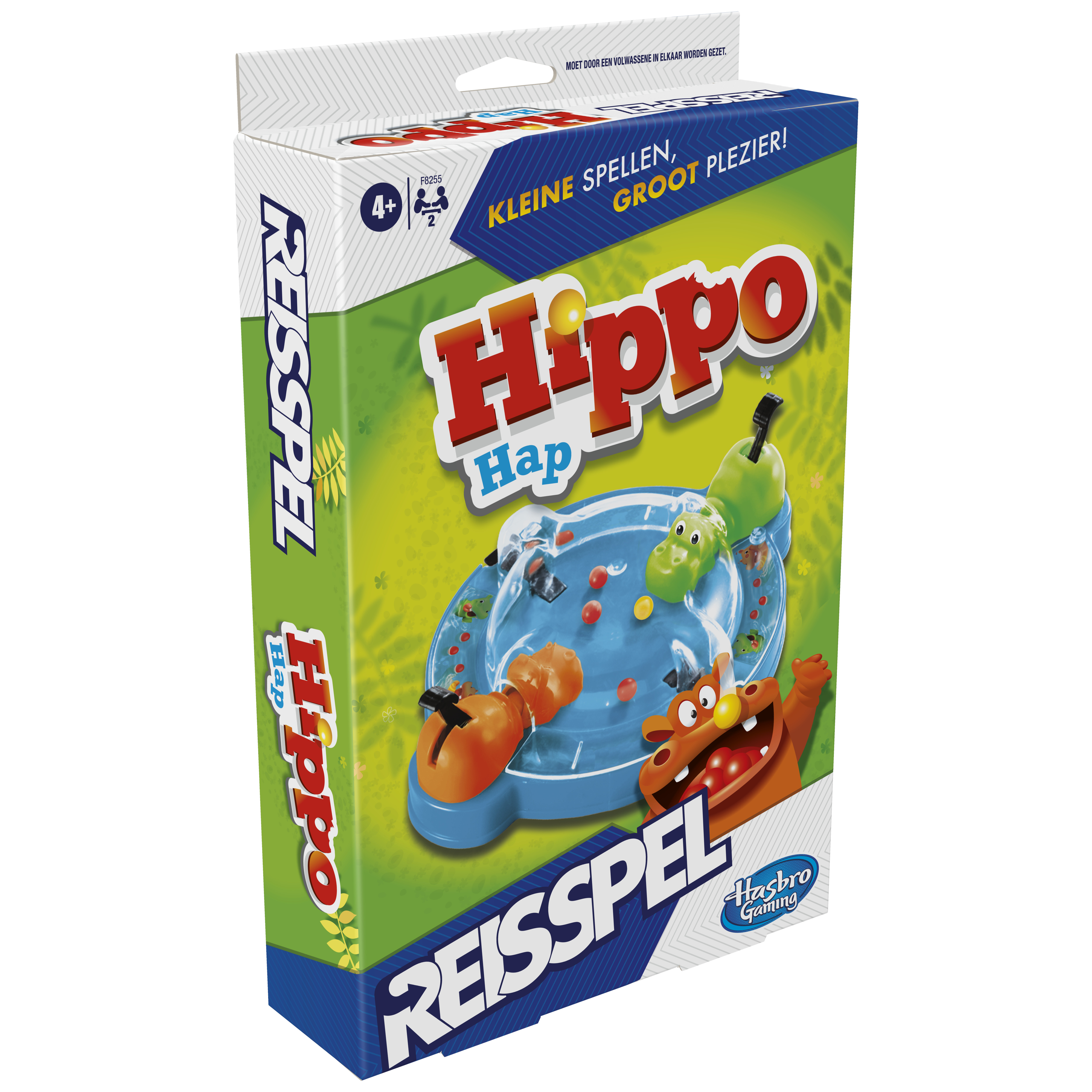 Een speldoos van 'Hippo Hap' met cartoon nijlpaarden. Het heeft een kleurrijk ontwerp, groene achtergrond en het Hasbro Gaming logo.