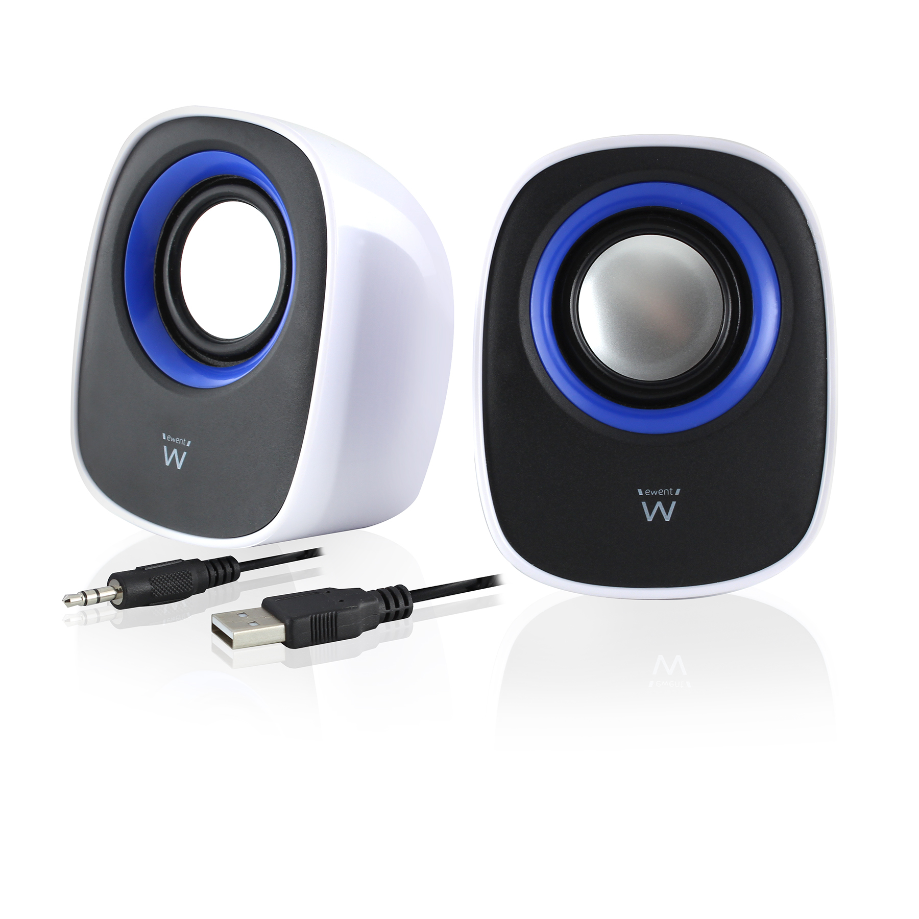 Dos altavoces blancos con anillos azules y frentes negros, conectados por un jack de 3,5 mm y cable USB, sobre fondo blanco.
