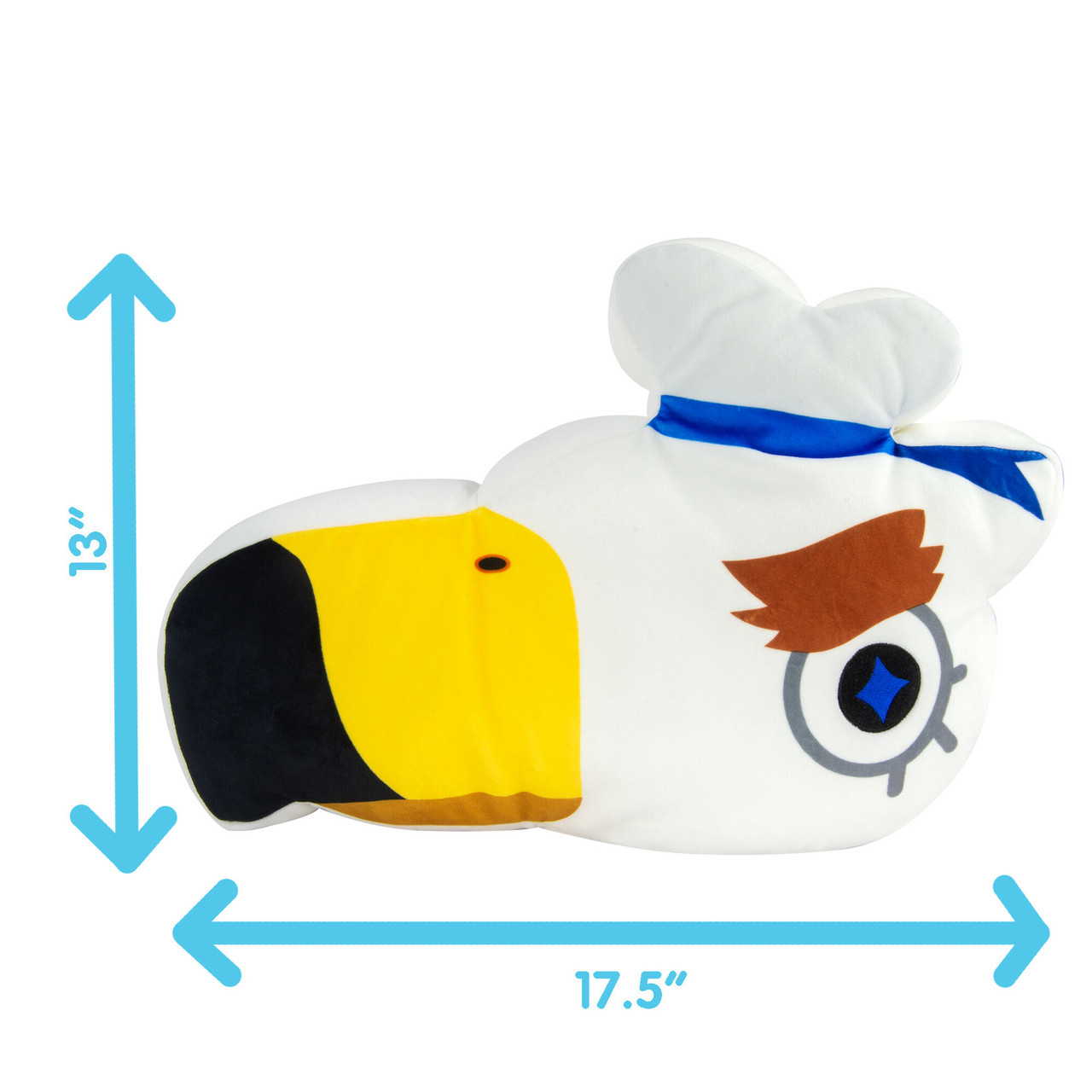 Biała maskotka tukana z żółtym dziobem, brązowymi detalami oczu i niebieską wstążką, o wymiarach 13" x 17,5".