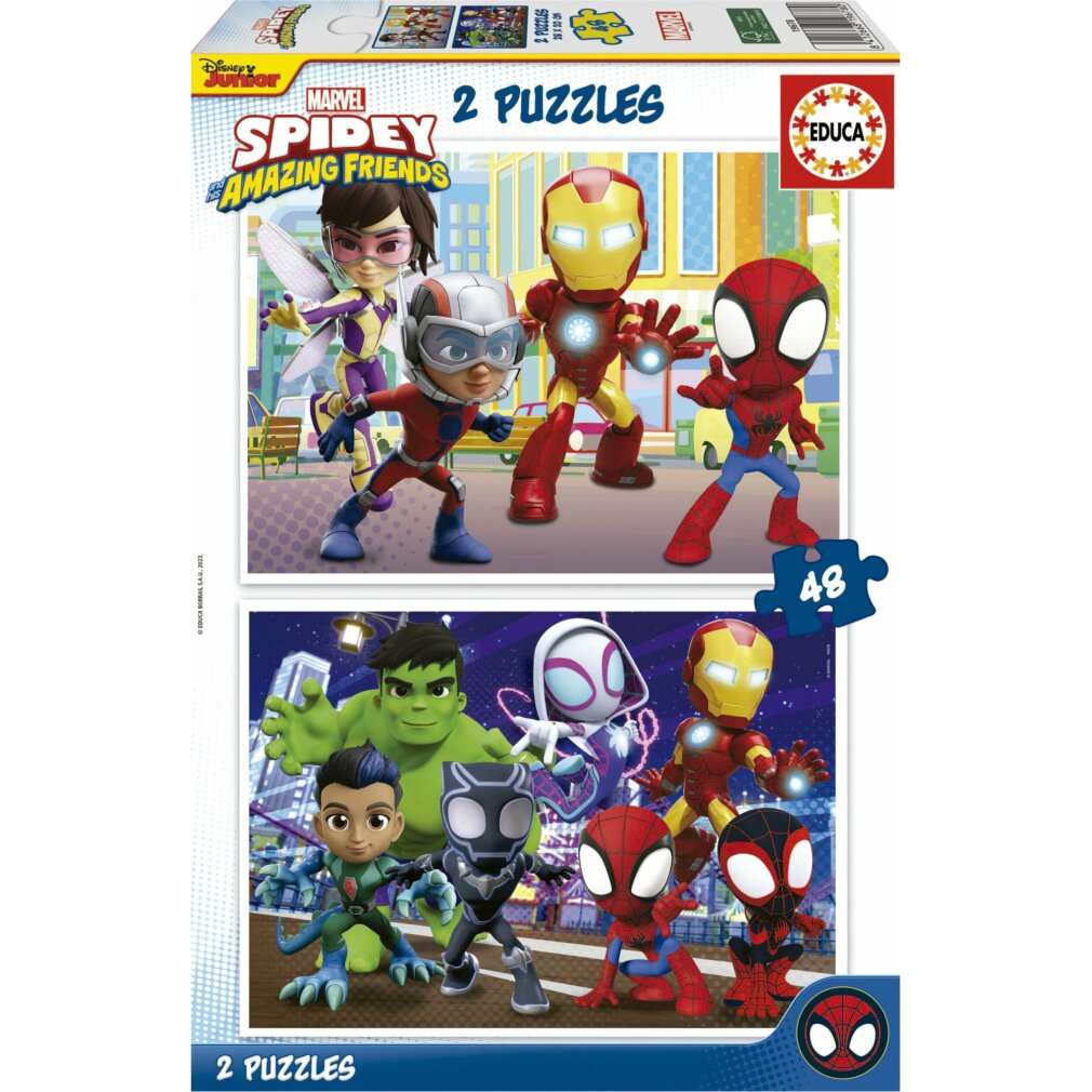 Puzzledose mit Marvels Spidey und seinen Amazing Friends. Es zeigt verschiedene Charaktere, darunter Iron Man, Spider-Man und Hulk.
