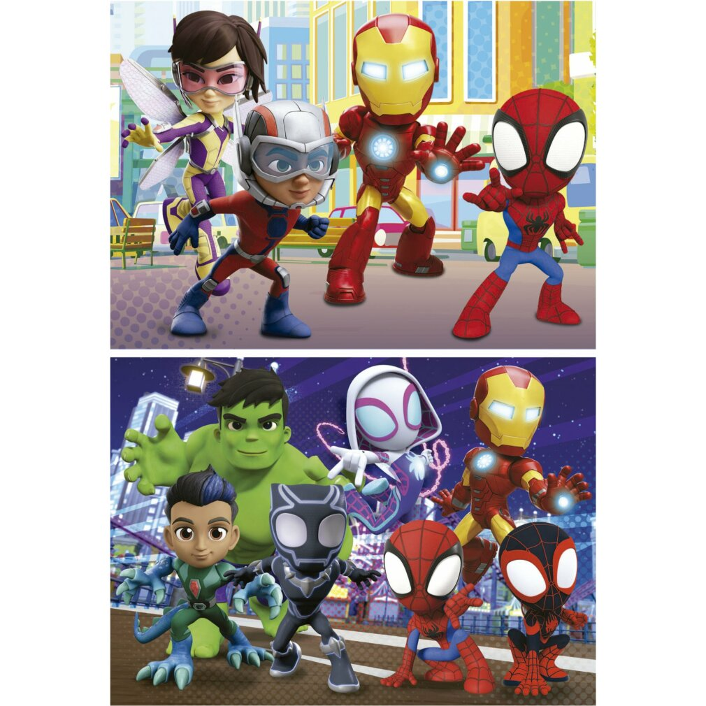 Comic-Illustrationen zeigen Superhelden wie Iron Man, Spider-Man und Hulk in einer farbenfrohen Stadtlandschaft und sternenklaren Nacht.