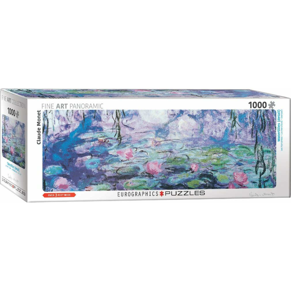 Puzzledose von Claude Monets Waterlilies-Gemälde. Es ist ein Panorama-Bild mit dem Text 'Fine Art Panoramic'.